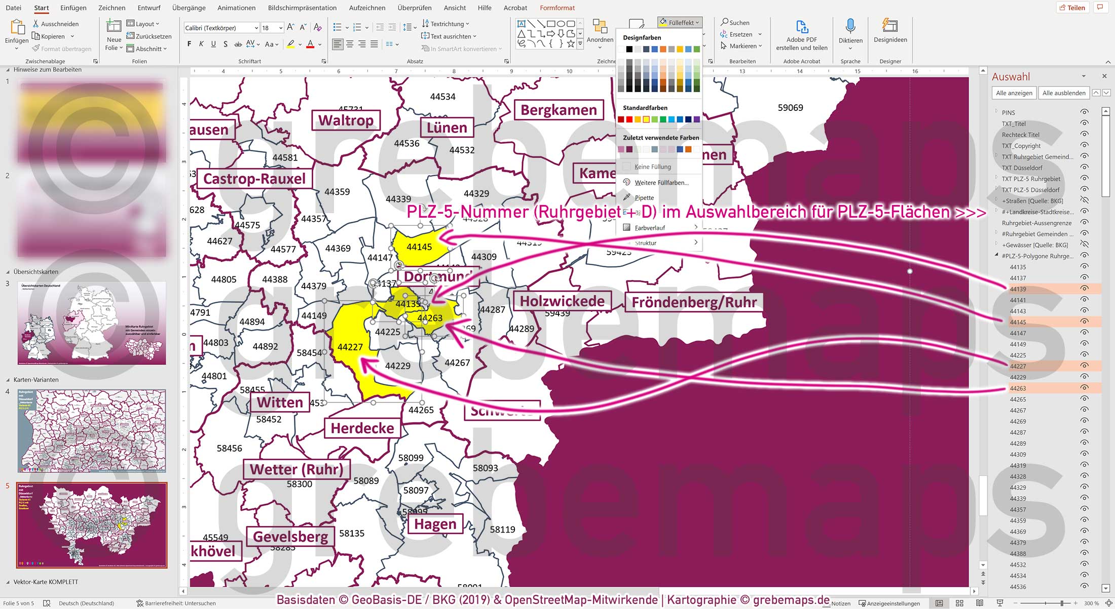 PowerPoint-Karte Ruhrgebiet mit Düsseldorf Postleitzahlen 5-stellig Gemeinden Landkreise einfärbbar bearbeitbar download - mit Deutschlandkarte [Digital] – Bild 24