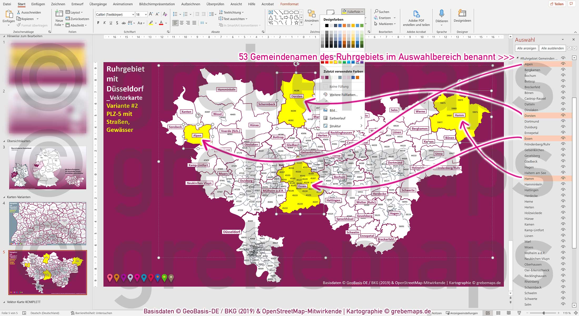 PowerPoint-Karte Ruhrgebiet mit Düsseldorf Postleitzahlen 5-stellig Gemeinden Landkreise einfärbbar bearbeitbar download - mit Deutschlandkarte [Digital] – Bild 25