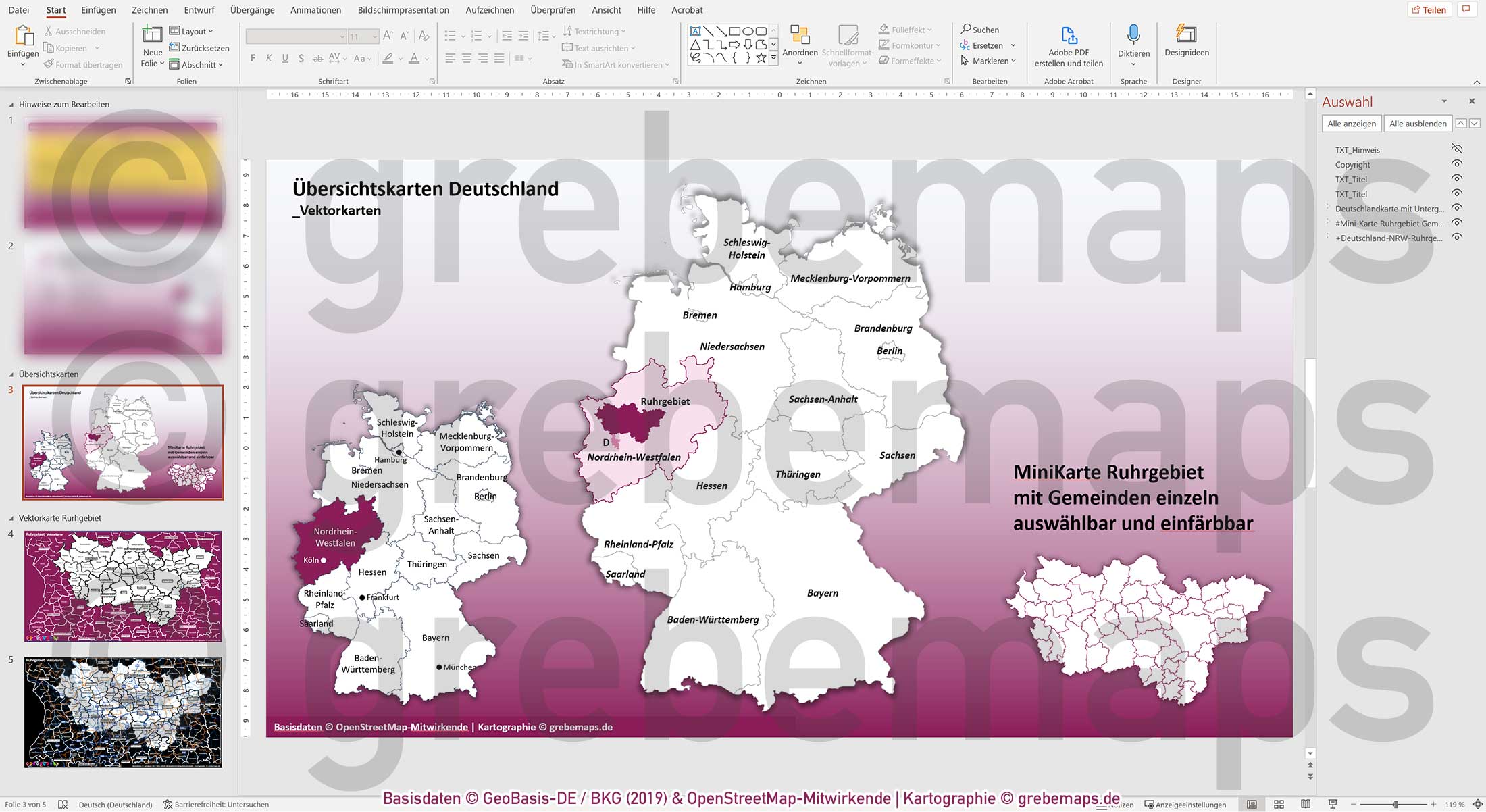 PowerPoint-Karte Ruhrgebiet Gemeinden Landkreise Autobahnen einfärbbar bearbeitbar download - mit Deutschlandkarte [Digital] – Bild 3