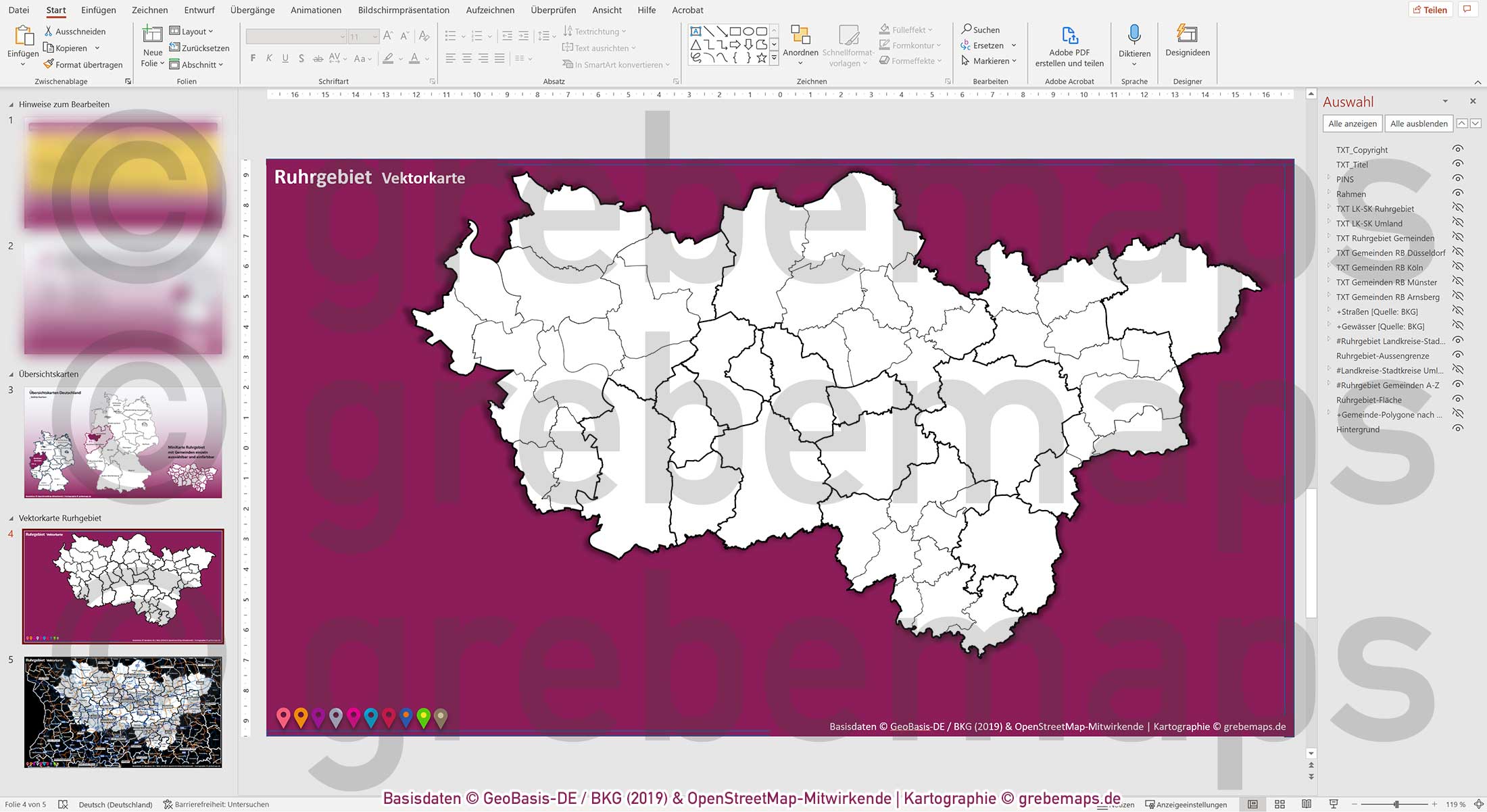 PowerPoint-Karte Ruhrgebiet Gemeinden Landkreise Autobahnen einfärbbar bearbeitbar download - mit Deutschlandkarte [Digital] – Bild 9
