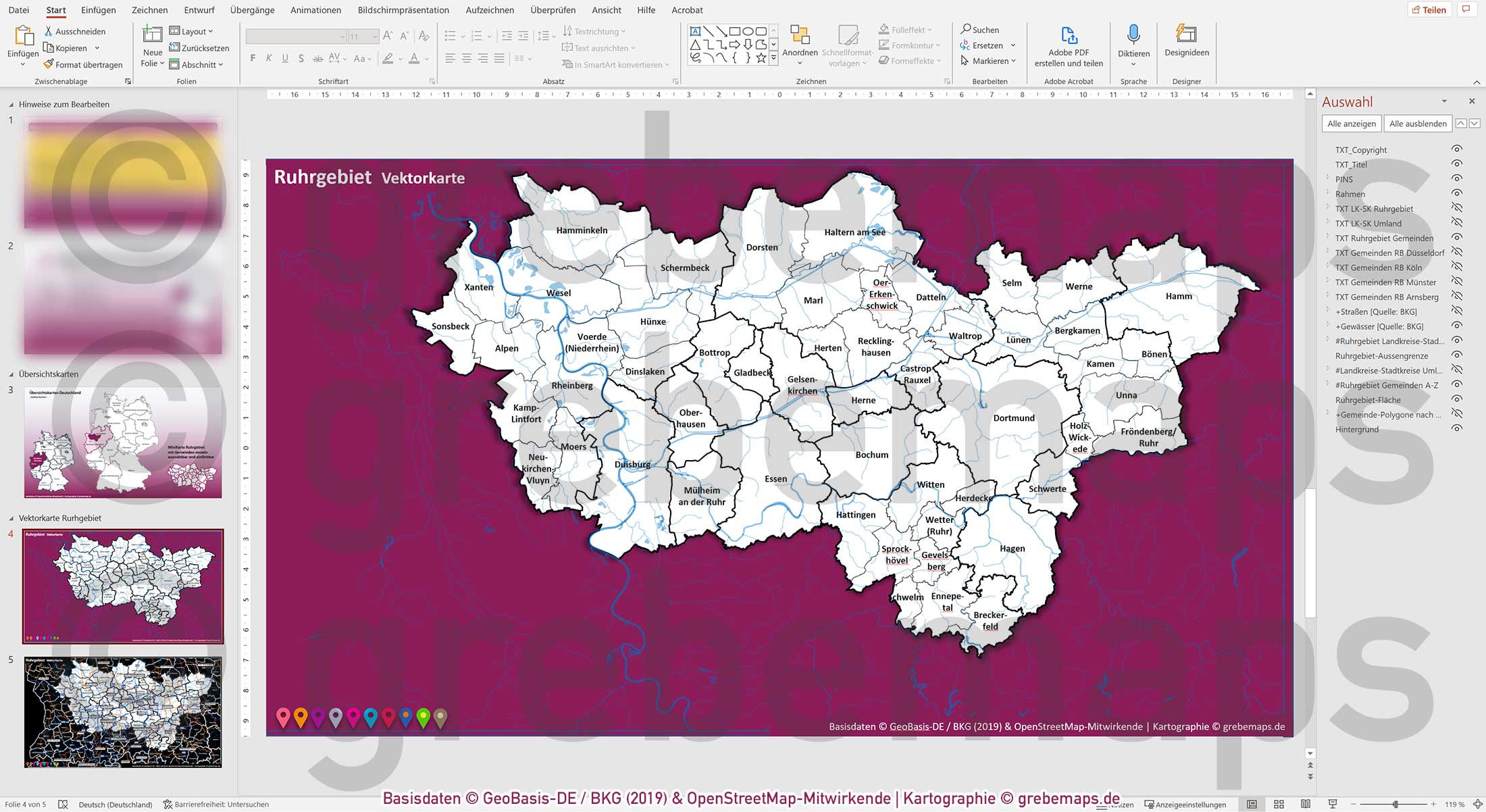 PowerPoint-Karte Ruhrgebiet Gemeinden Landkreise Autobahnen einfärbbar bearbeitbar download - mit Deutschlandkarte [Digital] – Bild 11
