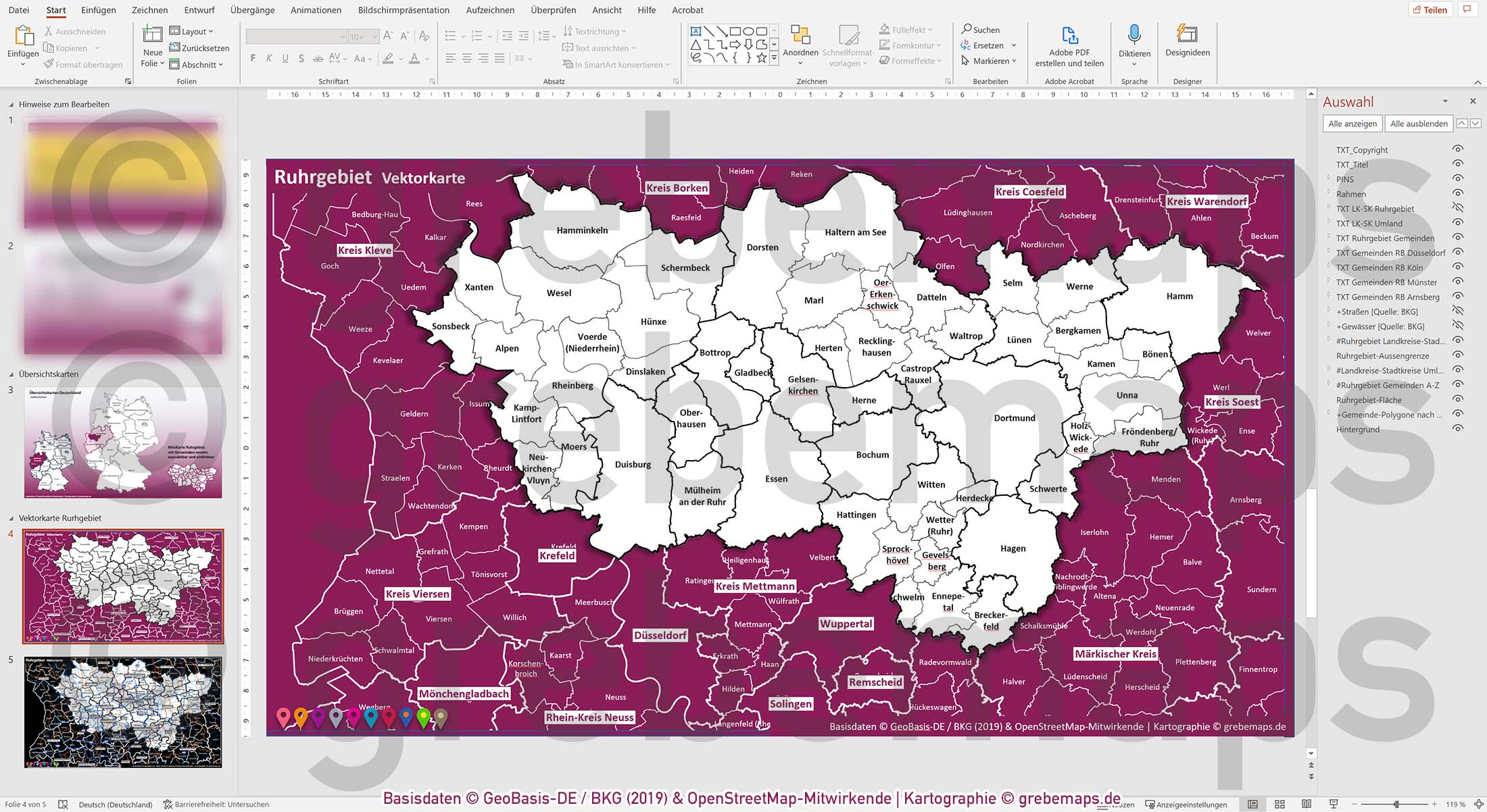 PowerPoint-Karte Ruhrgebiet Gemeinden Landkreise Autobahnen einfärbbar bearbeitbar download - mit Deutschlandkarte [Digital] – Bild 13