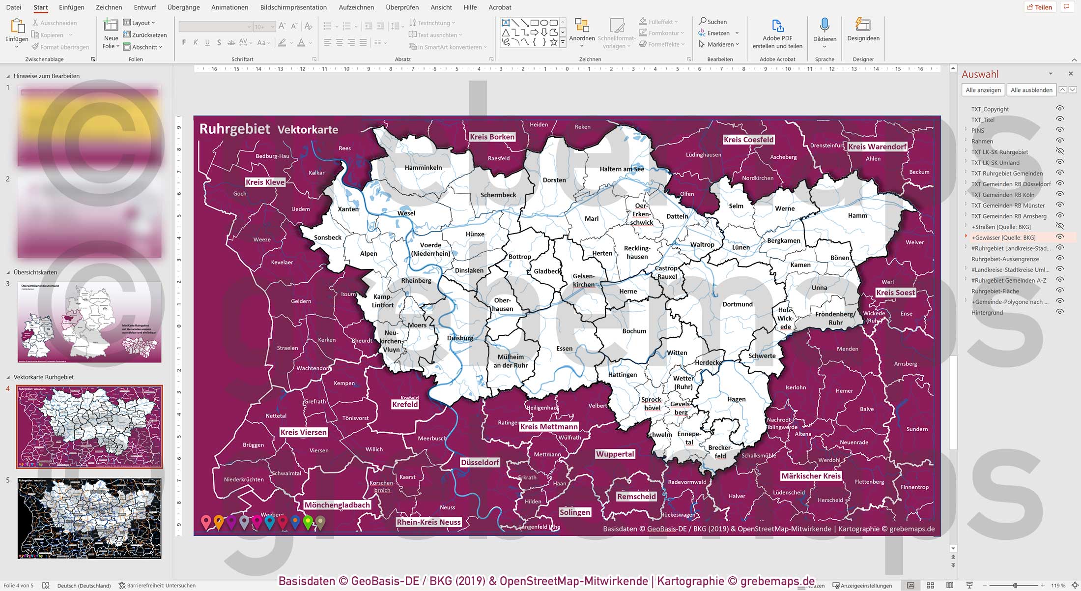 PowerPoint-Karte Ruhrgebiet Gemeinden Landkreise Autobahnen einfärbbar bearbeitbar download - mit Deutschlandkarte [Digital] – Bild 14