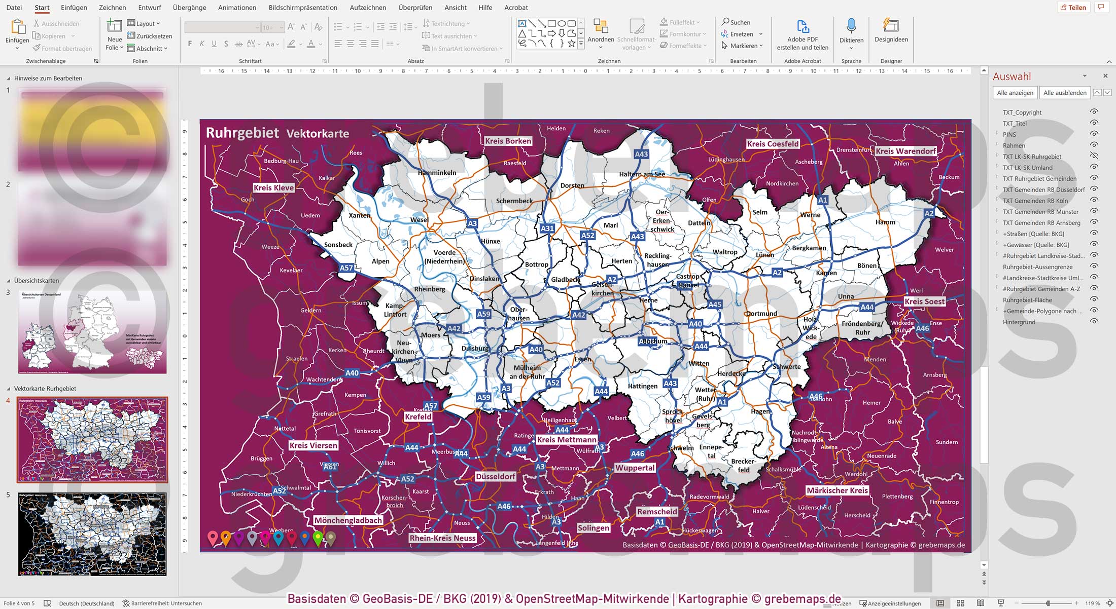 PowerPoint-Karte Ruhrgebiet Gemeinden Landkreise Autobahnen einfärbbar bearbeitbar download - mit Deutschlandkarte [Digital] – Bild 15