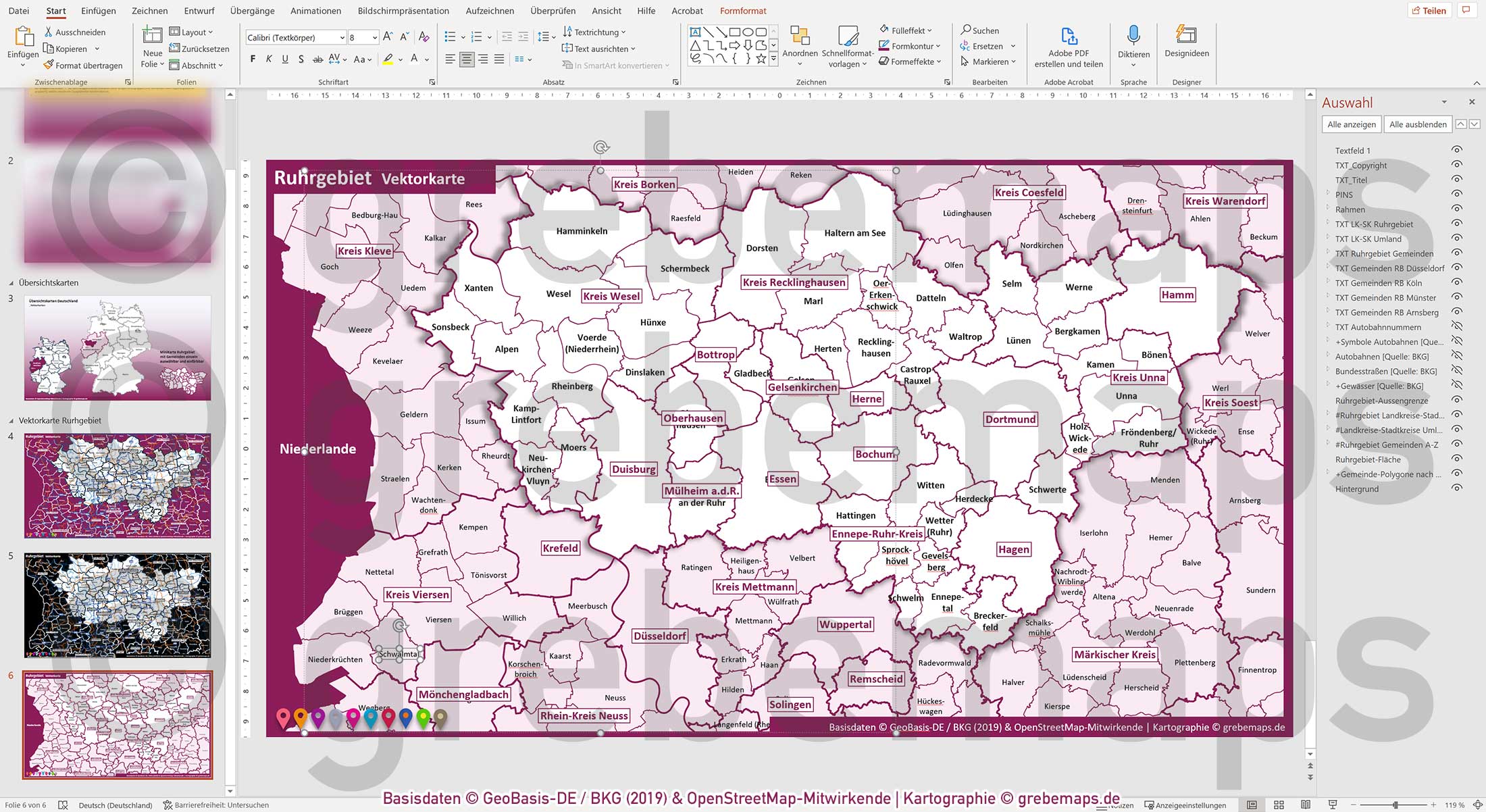 PowerPoint-Karte Ruhrgebiet Gemeinden Landkreise Autobahnen einfärbbar bearbeitbar download - mit Deutschlandkarte [Digital] – Bild 25