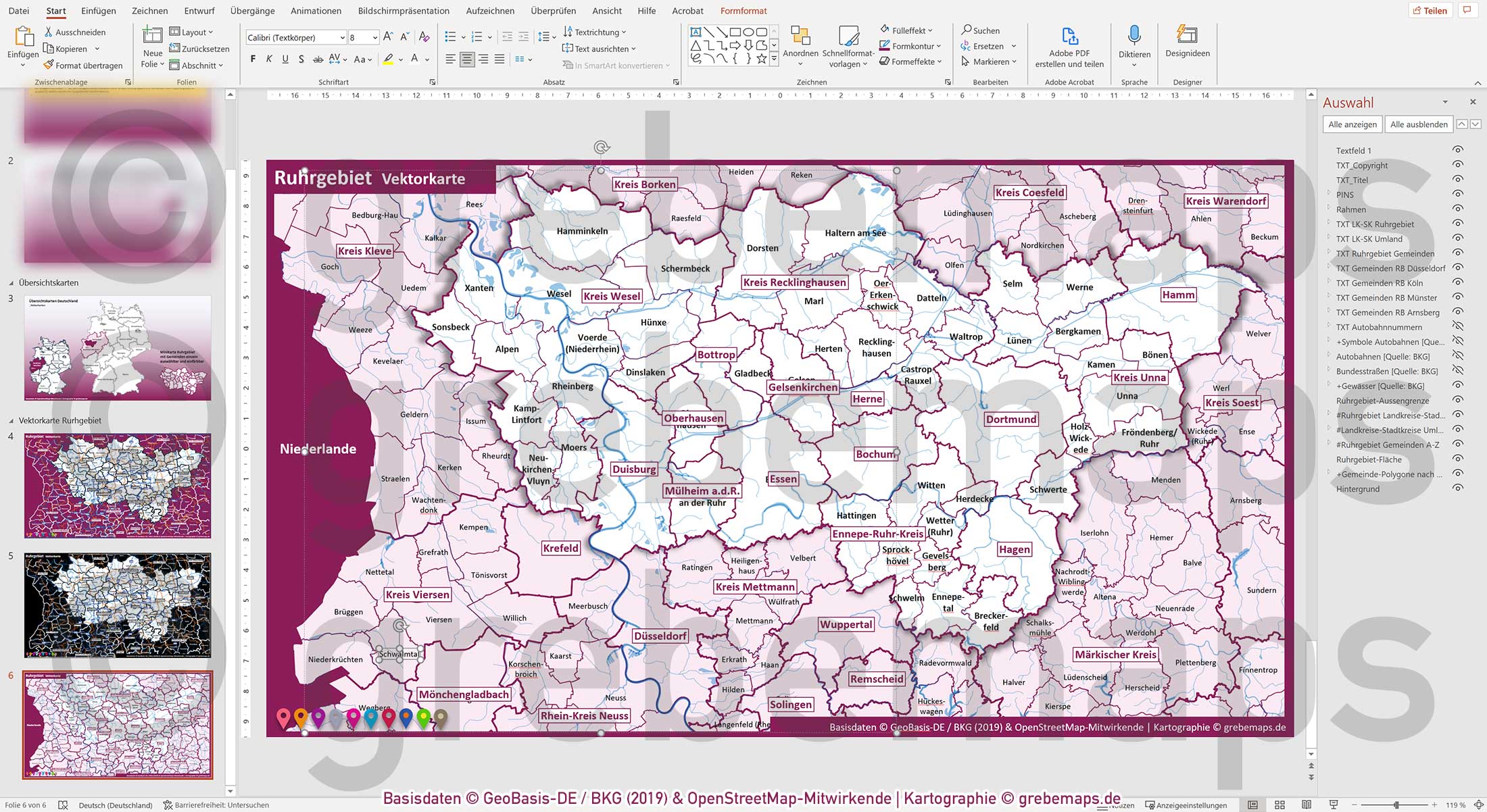 PowerPoint-Karte Ruhrgebiet Gemeinden Landkreise Autobahnen einfärbbar bearbeitbar download - mit Deutschlandkarte [Digital] – Bild 24