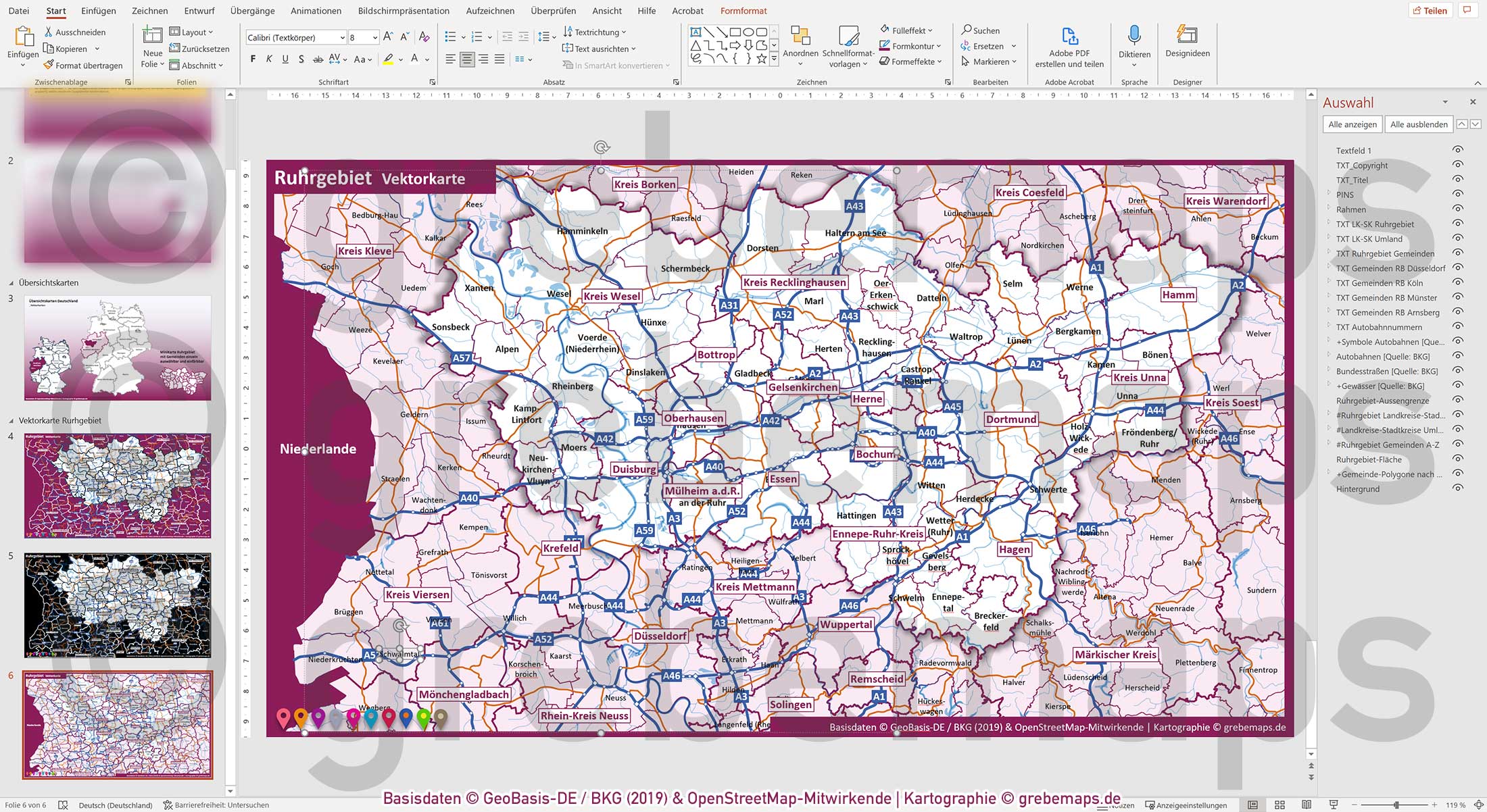 PowerPoint-Karte Ruhrgebiet Gemeinden Landkreise Autobahnen einfärbbar bearbeitbar download - mit Deutschlandkarte [Digital] – Bild 23