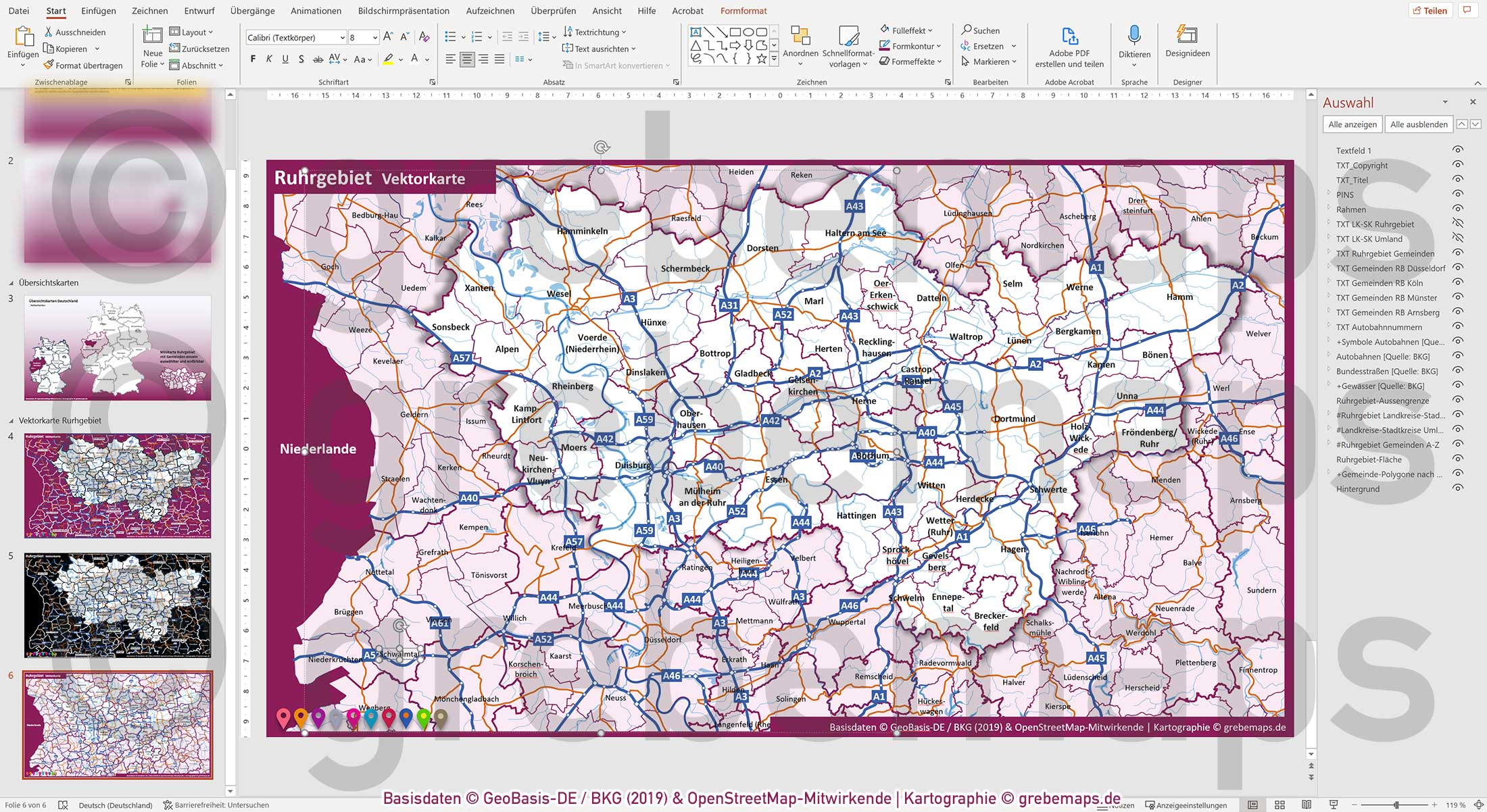 PowerPoint-Karte Ruhrgebiet Gemeinden Landkreise Autobahnen einfärbbar bearbeitbar download - mit Deutschlandkarte [Digital] – Bild 22