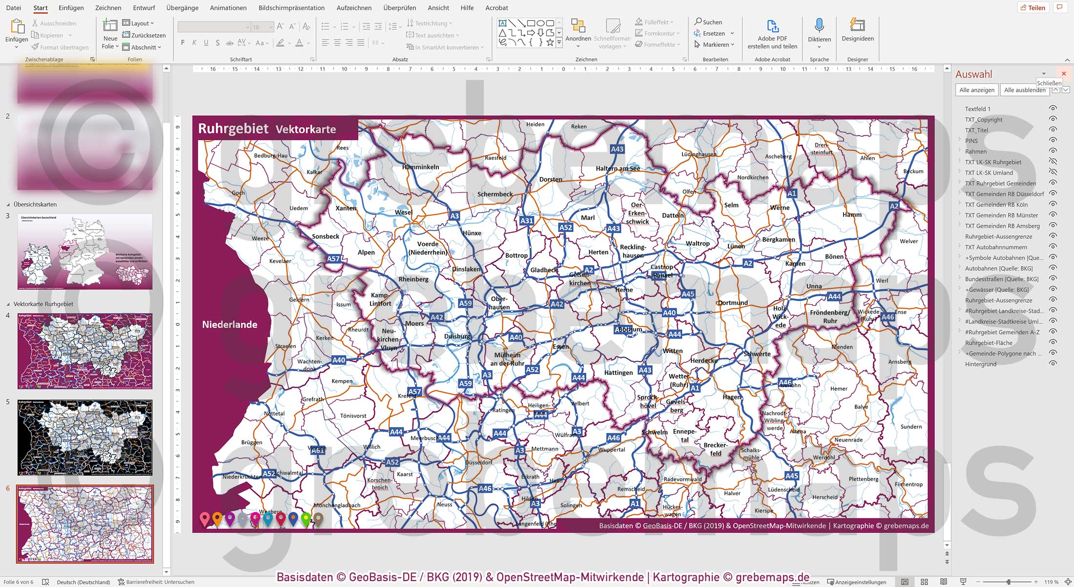 PowerPoint-Karte Ruhrgebiet Gemeinden Landkreise Autobahnen einfärbbar bearbeitbar download - mit Deutschlandkarte [Digital] – Bild 21