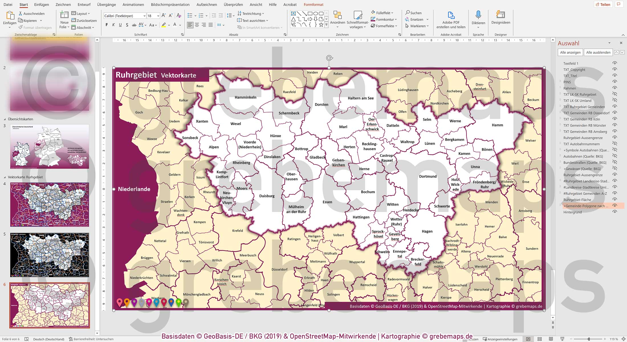 PowerPoint-Karte Ruhrgebiet Gemeinden Landkreise Autobahnen einfärbbar bearbeitbar download - mit Deutschlandkarte [Digital] – Bild 19