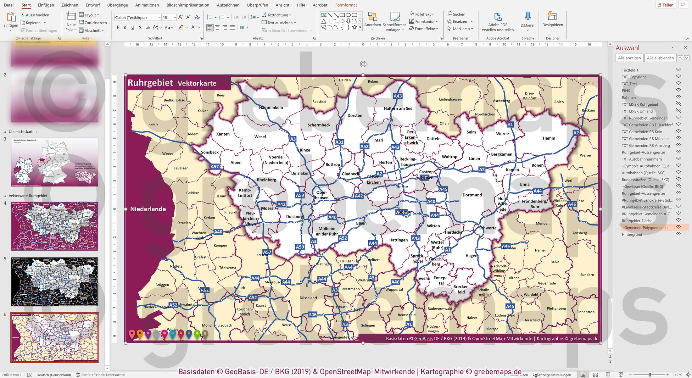PowerPoint-Karte Ruhrgebiet Gemeinden Landkreise Autobahnen einfärbbar bearbeitbar download - mit Deutschlandkarte [Digital] – Bild 17
