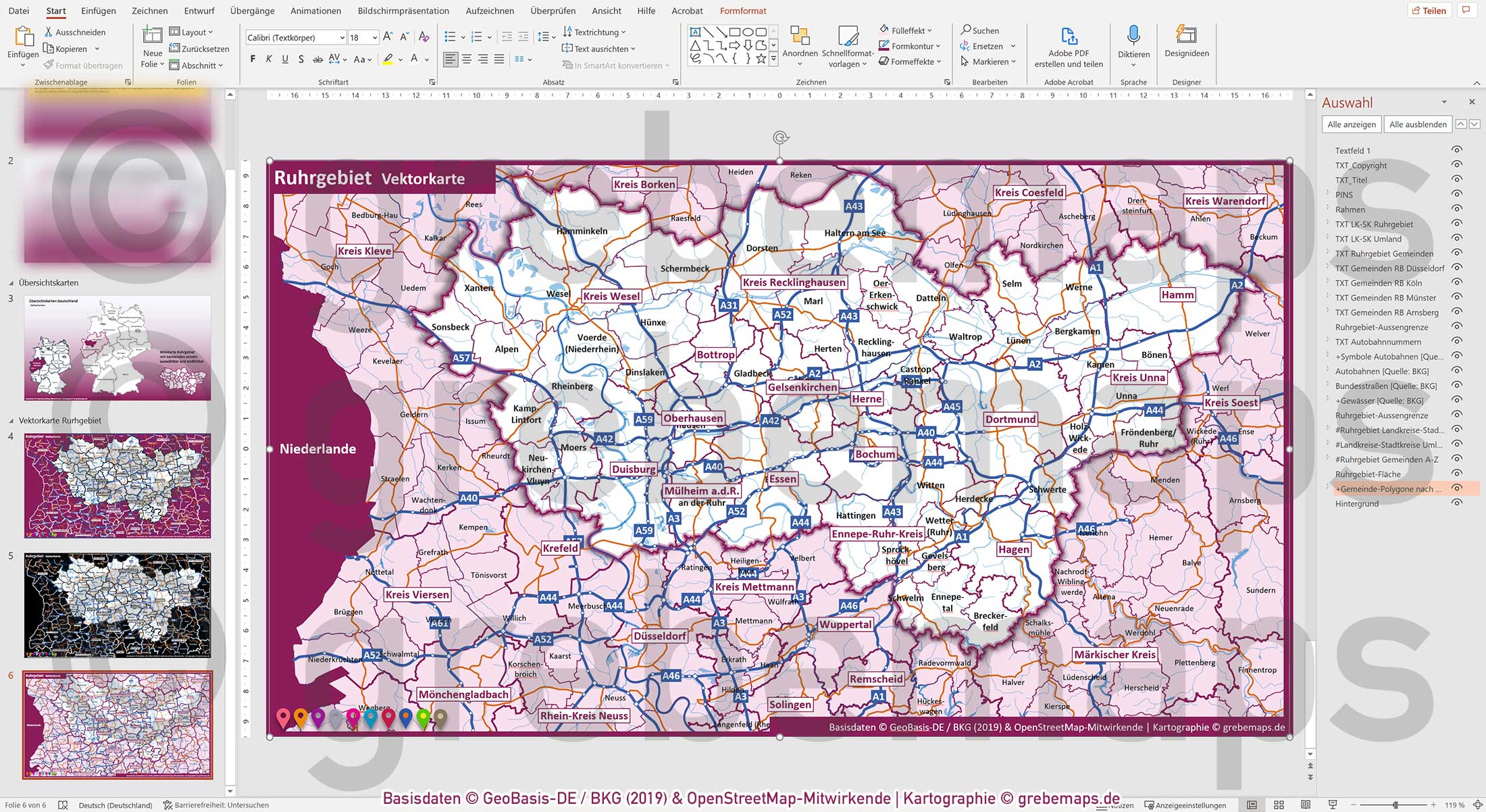 PowerPoint-Karte Ruhrgebiet Gemeinden Landkreise Autobahnen einfärbbar bearbeitbar download - mit Deutschlandkarte [Digital] – Bild 16