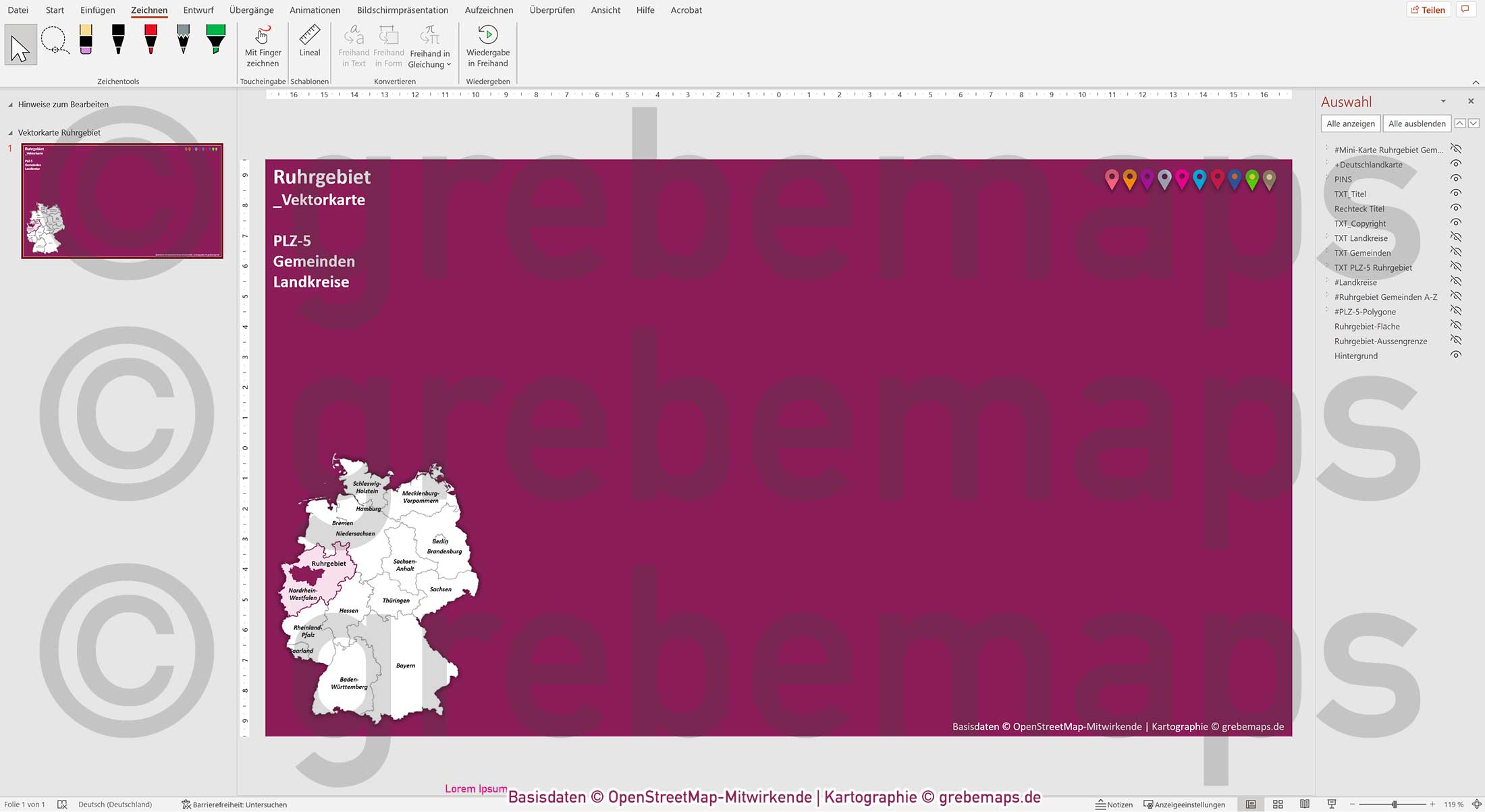 PowerPoint-Karte Ruhrgebiet Postleitzahlen PLZ 5-stellig Gemeinden Landkreise einfärbbar bearbeitbar download - mit Deutschlandkarte [Digital] – Bild 7