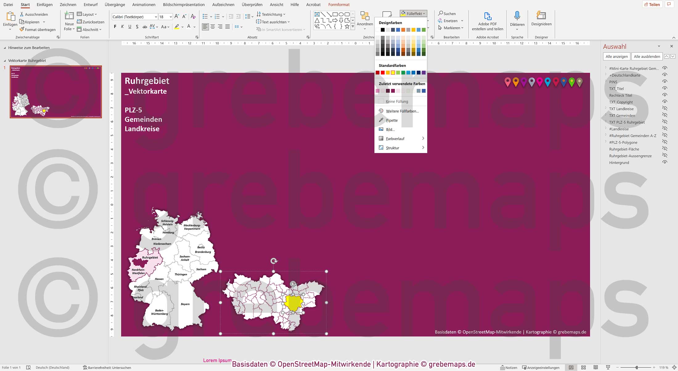 PowerPoint-Karte Ruhrgebiet Postleitzahlen PLZ 5-stellig Gemeinden Landkreise einfärbbar bearbeitbar download - mit Deutschlandkarte [Digital] – Bild 8