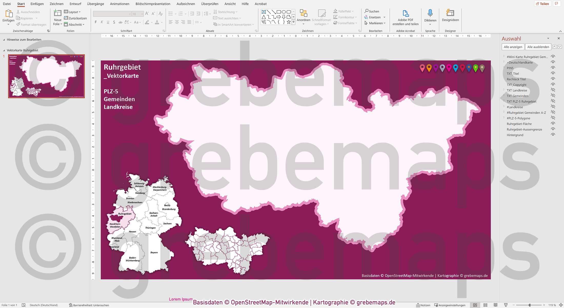 PowerPoint-Karte Ruhrgebiet Postleitzahlen PLZ 5-stellig Gemeinden Landkreise einfärbbar bearbeitbar download - mit Deutschlandkarte [Digital] – Bild 9