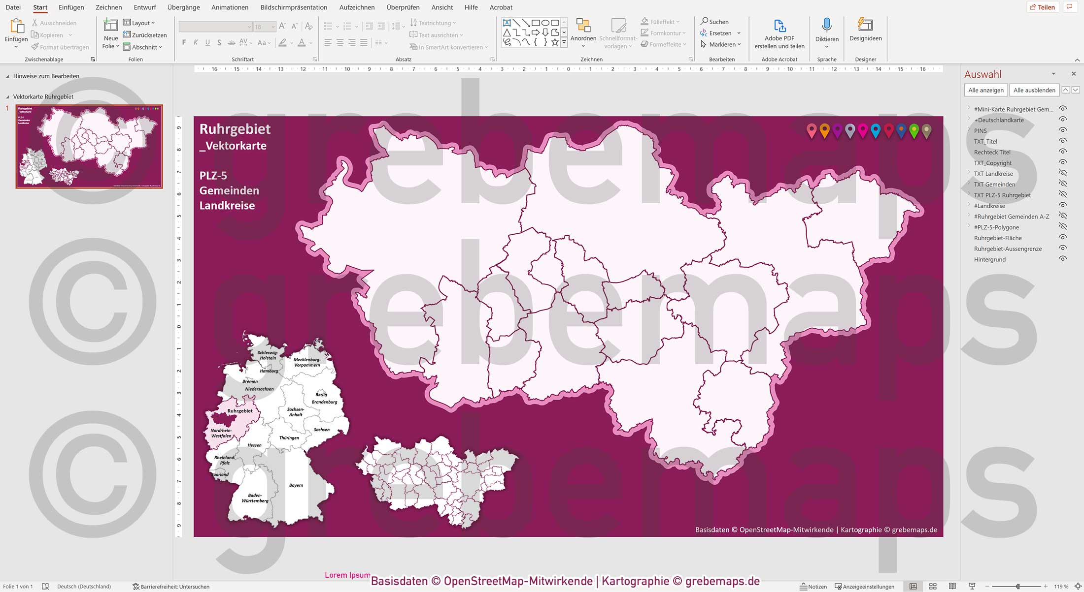 PowerPoint-Karte Ruhrgebiet Postleitzahlen PLZ 5-stellig Gemeinden Landkreise einfärbbar bearbeitbar download - mit Deutschlandkarte [Digital] – Bild 10