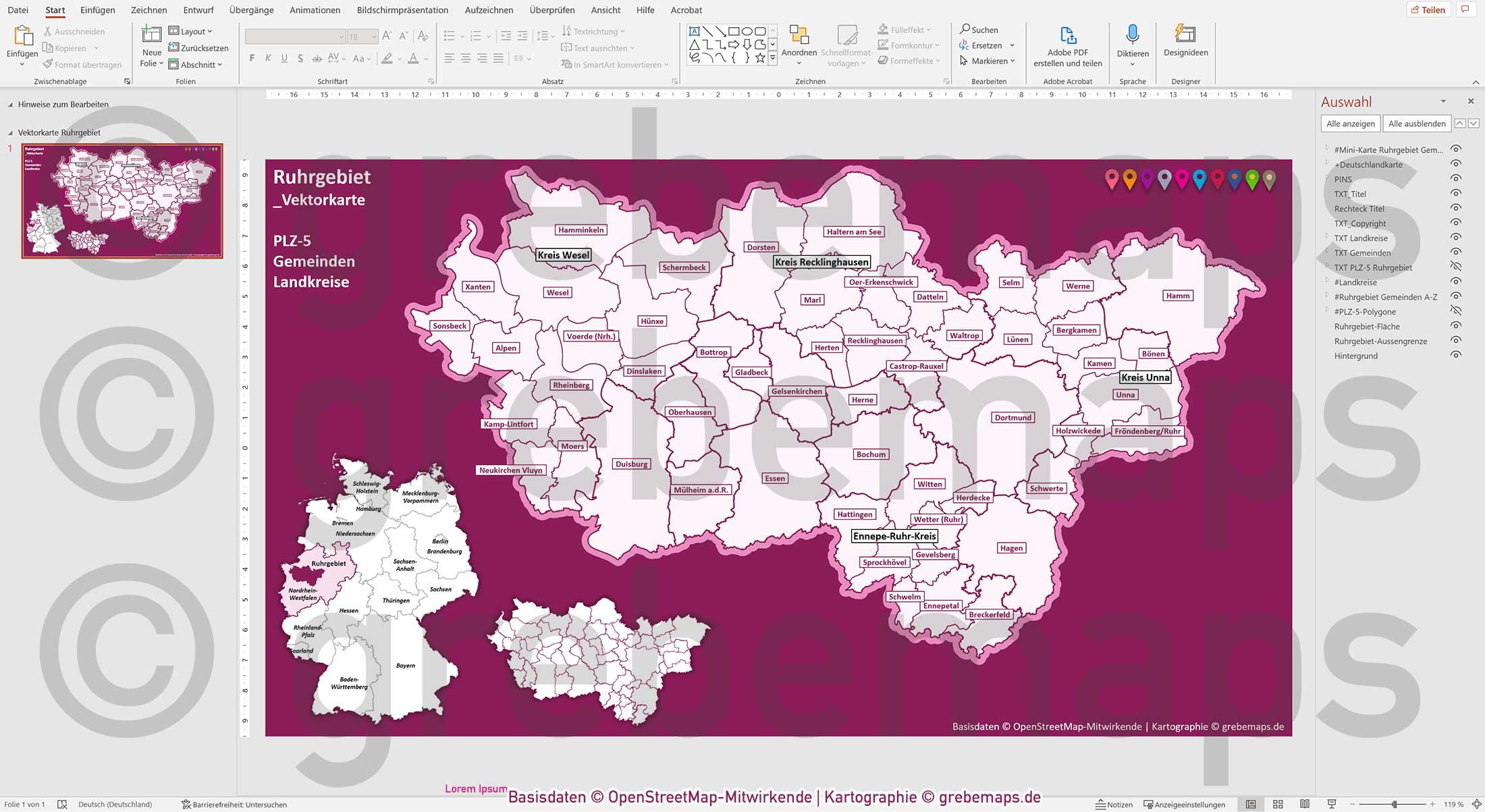 PowerPoint-Karte Ruhrgebiet Postleitzahlen PLZ 5-stellig Gemeinden Landkreise einfärbbar bearbeitbar download - mit Deutschlandkarte [Digital] – Bild 11
