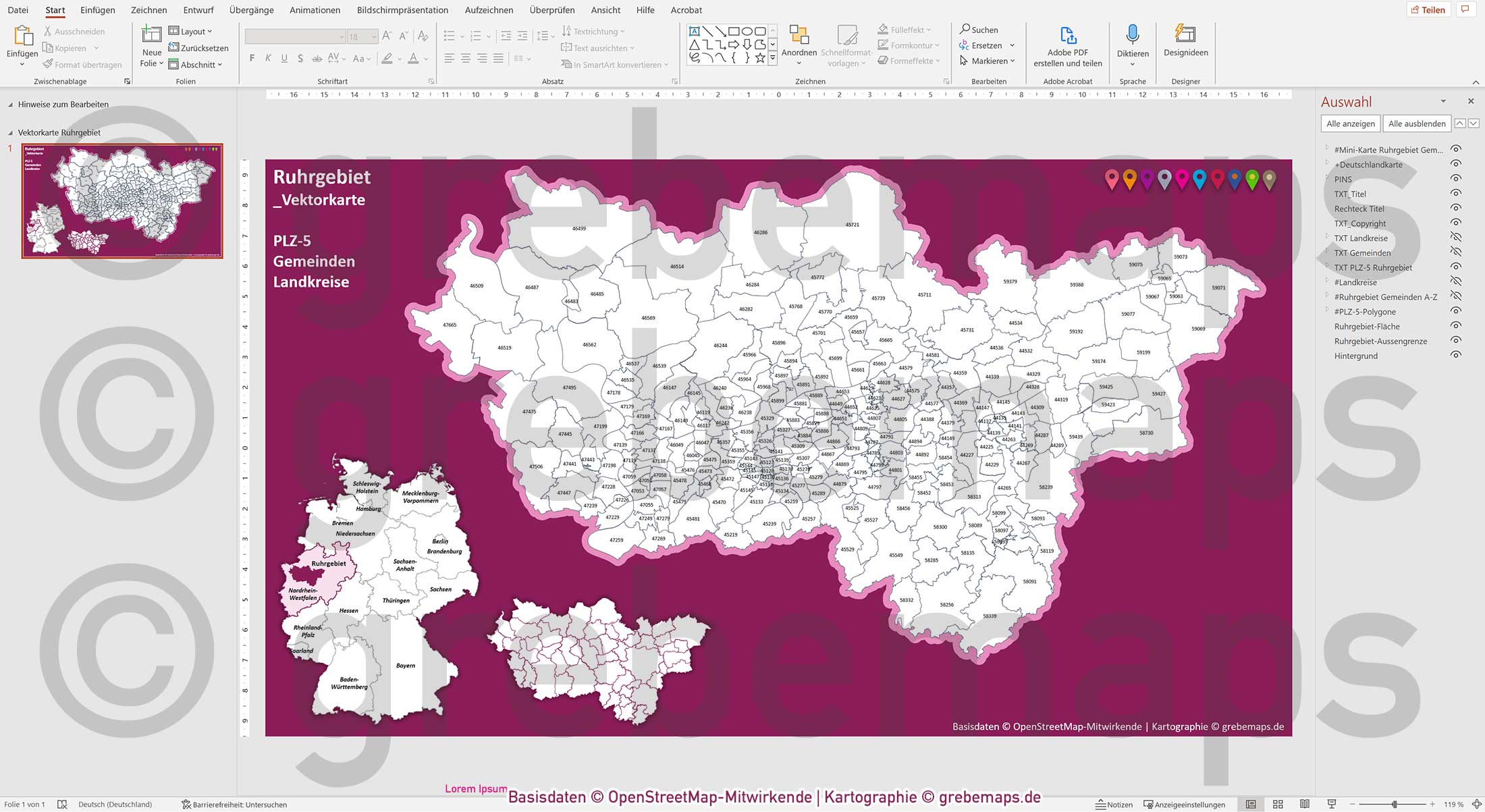 PowerPoint-Karte Ruhrgebiet Postleitzahlen PLZ 5-stellig Gemeinden Landkreise einfärbbar bearbeitbar download - mit Deutschlandkarte [Digital] – Bild 12