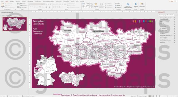 PowerPoint-Karte Ruhrgebiet Postleitzahlen PLZ 5-stellig Gemeinden Landkreise einfärbbar bearbeitbar download - mit Deutschlandkarte [Digital] – Bild 13