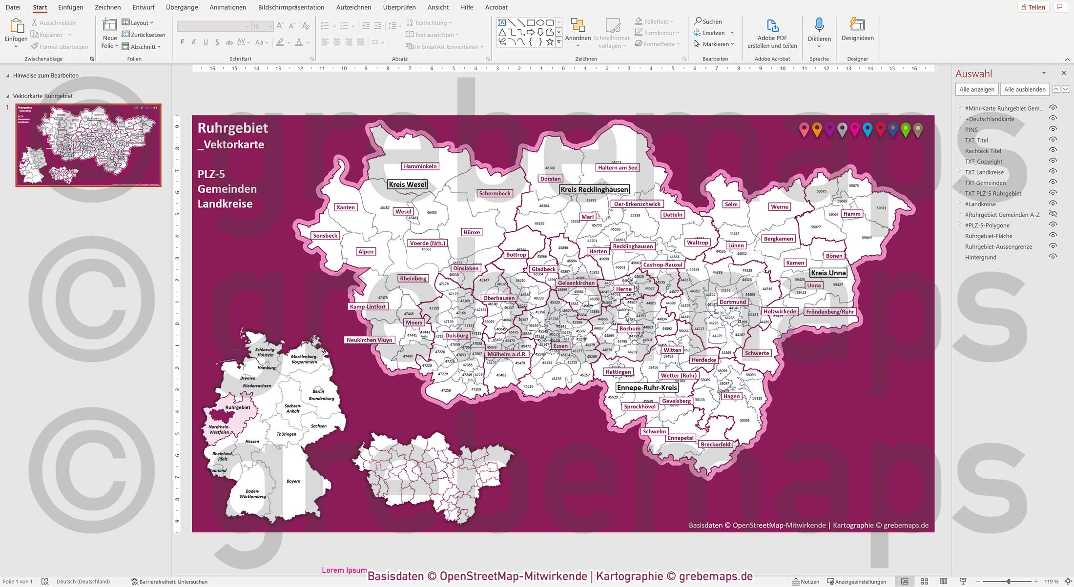 PowerPoint-Karte Ruhrgebiet Postleitzahlen PLZ 5-stellig Gemeinden Landkreise einfärbbar bearbeitbar download - mit Deutschlandkarte [Digital] – Bild 13