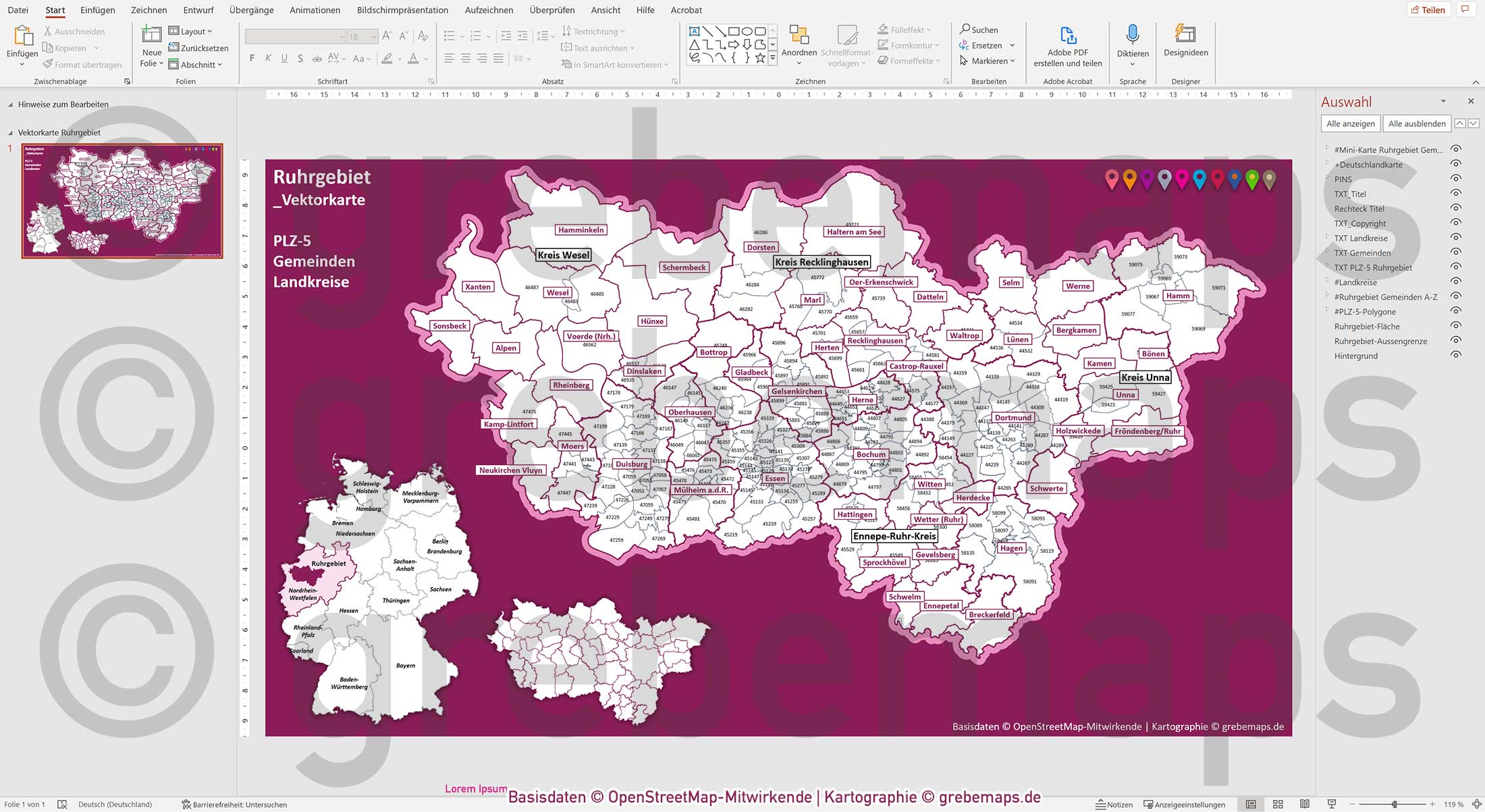 PowerPoint-Karte Ruhrgebiet Postleitzahlen PLZ 5-stellig Gemeinden Landkreise einfärbbar bearbeitbar download - mit Deutschlandkarte [Digital] – Bild 14