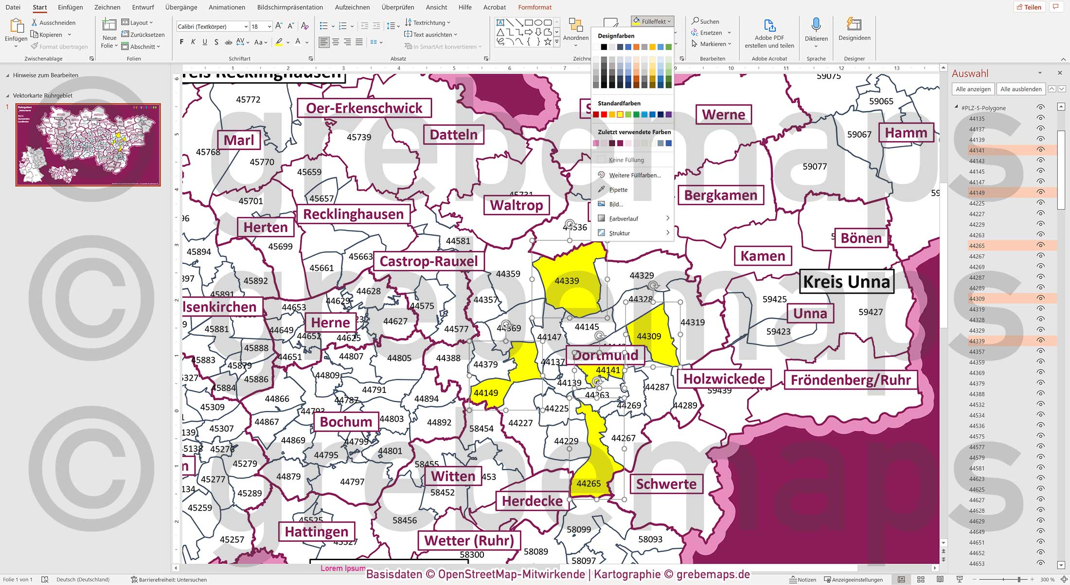 PowerPoint-Karte Ruhrgebiet Postleitzahlen PLZ 5-stellig Gemeinden Landkreise einfärbbar bearbeitbar download - mit Deutschlandkarte [Digital] – Bild 3