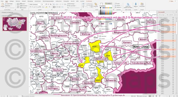 PowerPoint-Karte Ruhrgebiet Postleitzahlen PLZ 5-stellig Gemeinden Landkreise einfärbbar bearbeitbar download - mit Deutschlandkarte [Digital] – Bild 4