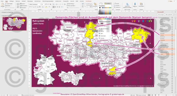 PowerPoint-Karte Ruhrgebiet Postleitzahlen PLZ 5-stellig Gemeinden Landkreise einfärbbar bearbeitbar download - mit Deutschlandkarte [Digital] – Bild 5