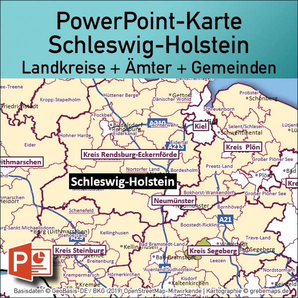 PowerPoint-Karte Schleswig-Holstein Gemeinden Ämter Landkreise / Basiskarte aus Vektordaten einfärbbar bearbeitbar - mit Deutschlandkarte [Digital] – Bild 4