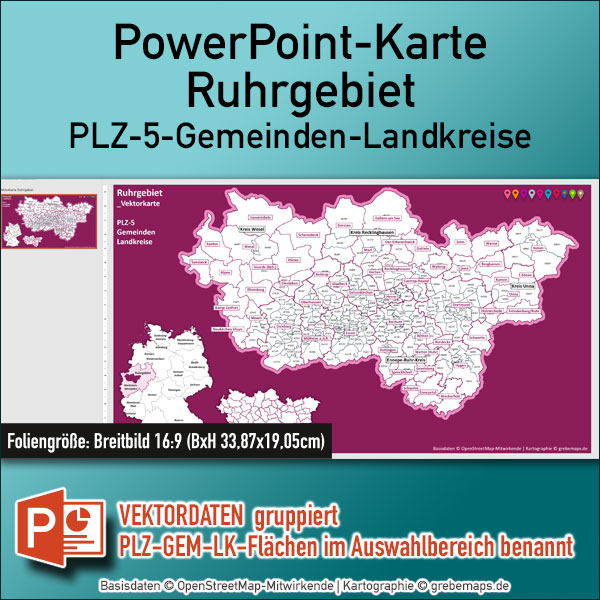 PowerPoint-Karte Ruhrgebiet Postleitzahlen PLZ 5-stellig Gemeinden Landkreise einfärbbar bearbeitbar download - mit Deutschlandkarte [Digital]