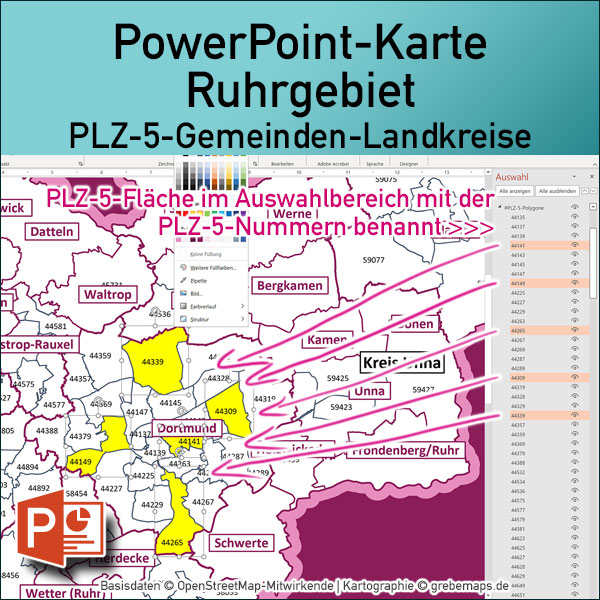 PowerPoint-Karte Ruhrgebiet Postleitzahlen PLZ 5-stellig Gemeinden Landkreise einfärbbar bearbeitbar download - mit Deutschlandkarte [Digital] – Bild 2