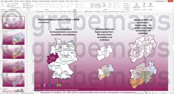 PowerPoint-Karte Nordrhein-Westfalen NRW Postleitzahlen 5-stellig Gemeinden Landkreise Regierungsbezirke Autobahnen einfärbbar bearbeitbar download - mit Deutschlandkarte [Digital] – Bild 6