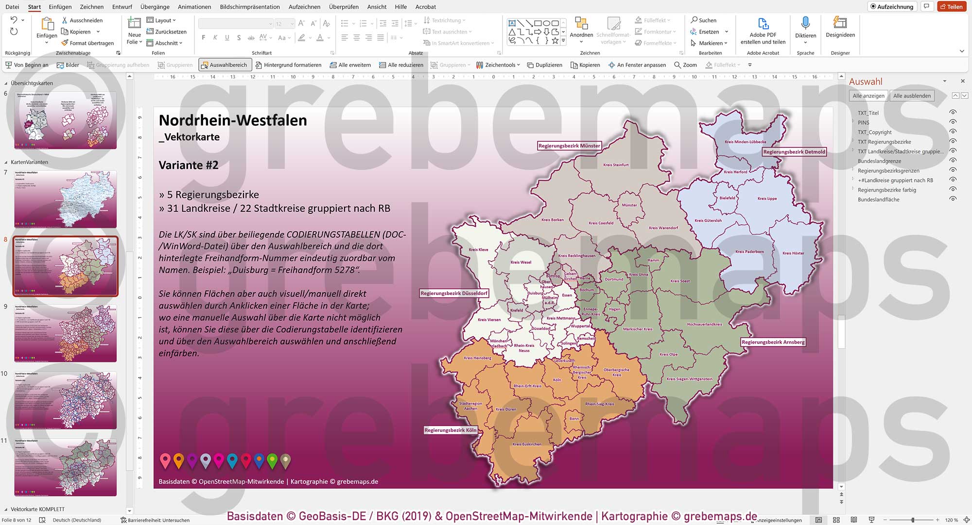 PowerPoint-Karte Nordrhein-Westfalen NRW Postleitzahlen 5-stellig Gemeinden Landkreise Regierungsbezirke Autobahnen einfärbbar bearbeitbar download - mit Deutschlandkarte [Digital] – Bild 9