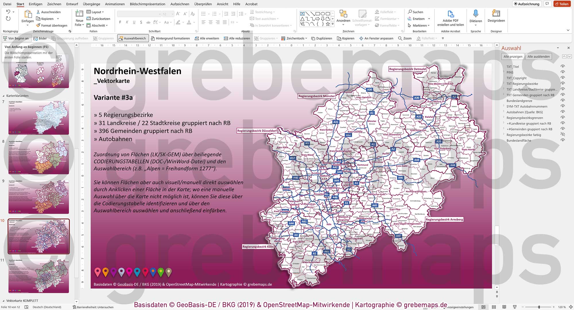 PowerPoint-Karte Nordrhein-Westfalen NRW Postleitzahlen 5-stellig Gemeinden Landkreise Regierungsbezirke Autobahnen einfärbbar bearbeitbar download - mit Deutschlandkarte [Digital] – Bild 11