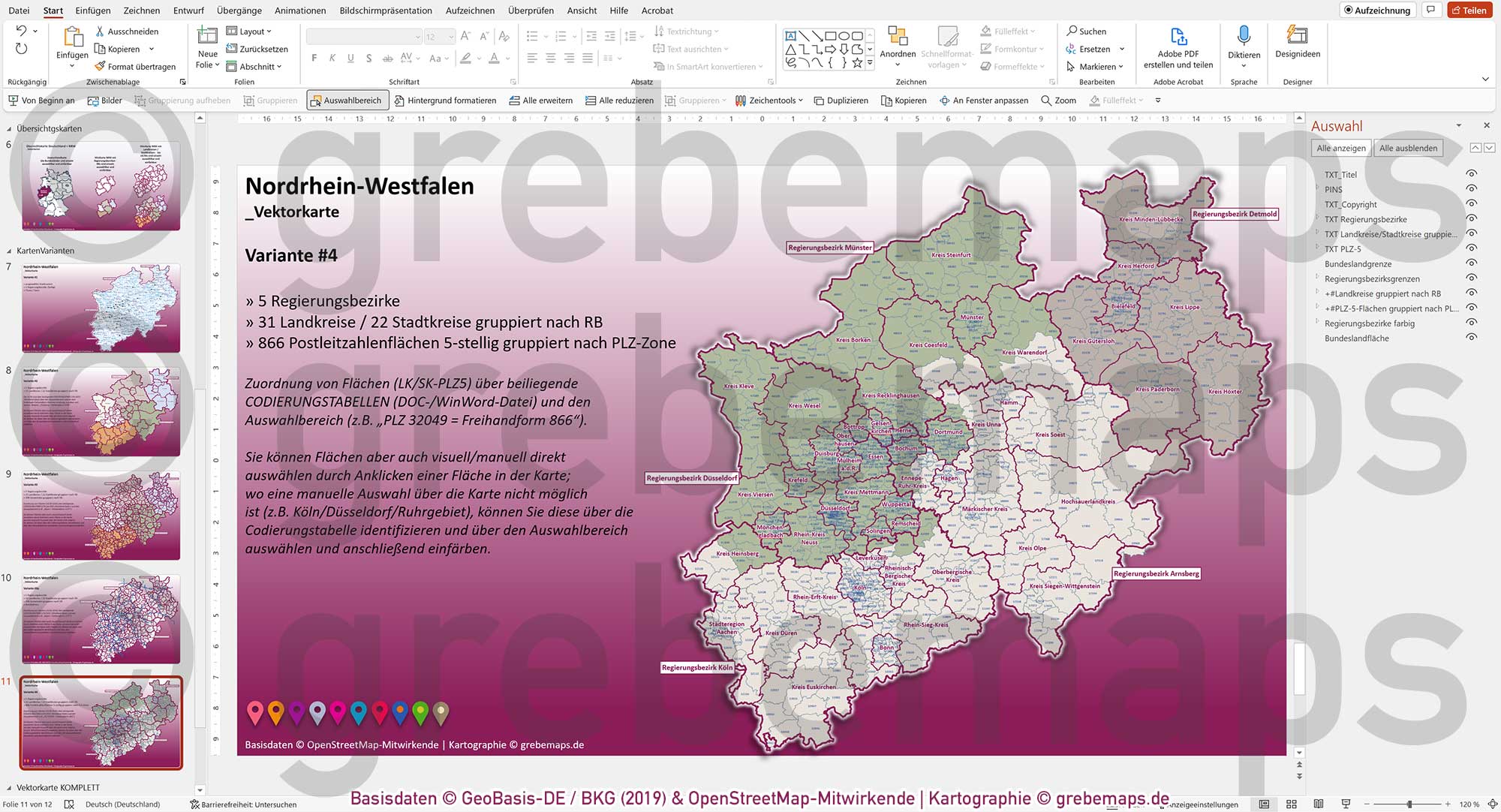 PowerPoint-Karte Nordrhein-Westfalen NRW Postleitzahlen 5-stellig Gemeinden Landkreise Regierungsbezirke Autobahnen einfärbbar bearbeitbar download - mit Deutschlandkarte [Digital] – Bild 12