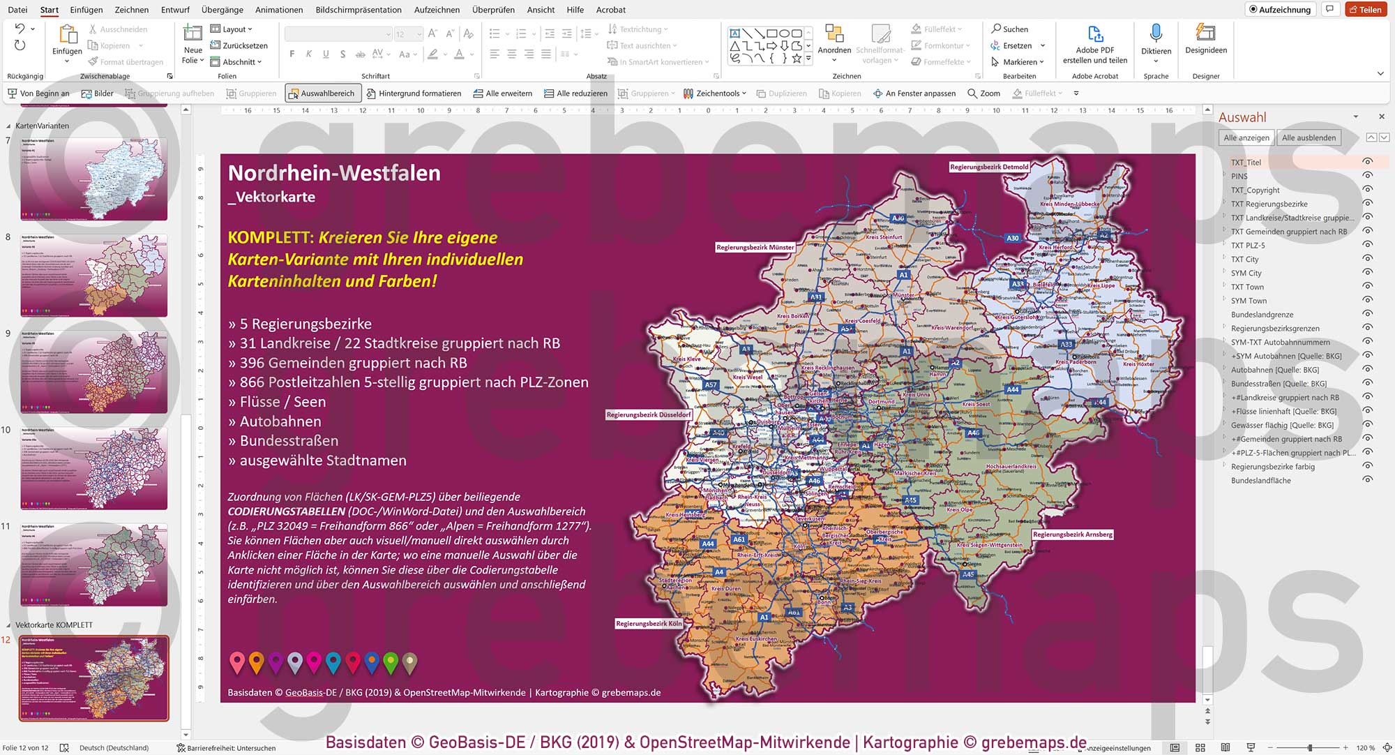 PowerPoint-Karte Nordrhein-Westfalen NRW Postleitzahlen 5-stellig Gemeinden Landkreise Regierungsbezirke Autobahnen einfärbbar bearbeitbar download - mit Deutschlandkarte [Digital] – Bild 13