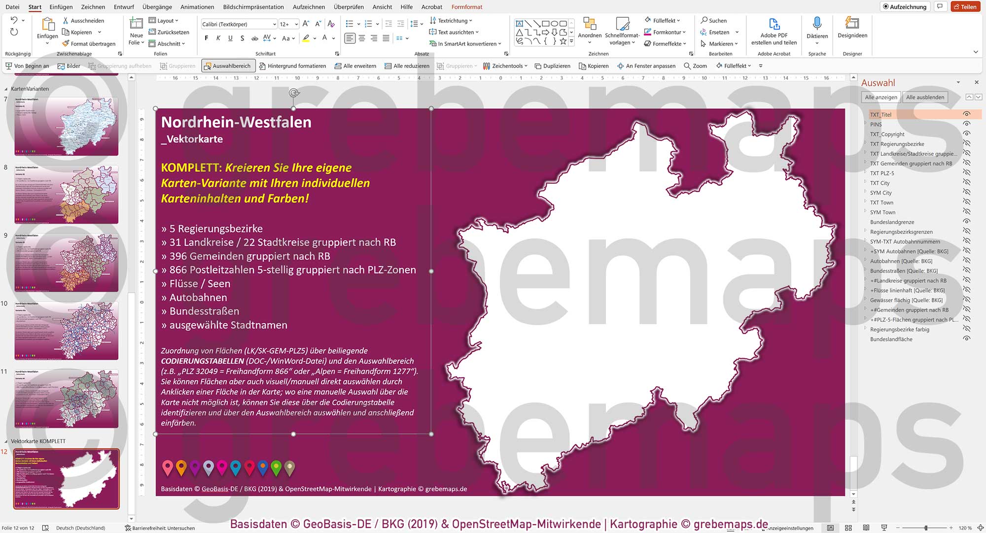 PowerPoint-Karte Nordrhein-Westfalen NRW Postleitzahlen 5-stellig Gemeinden Landkreise Regierungsbezirke Autobahnen einfärbbar bearbeitbar download - mit Deutschlandkarte [Digital] – Bild 14