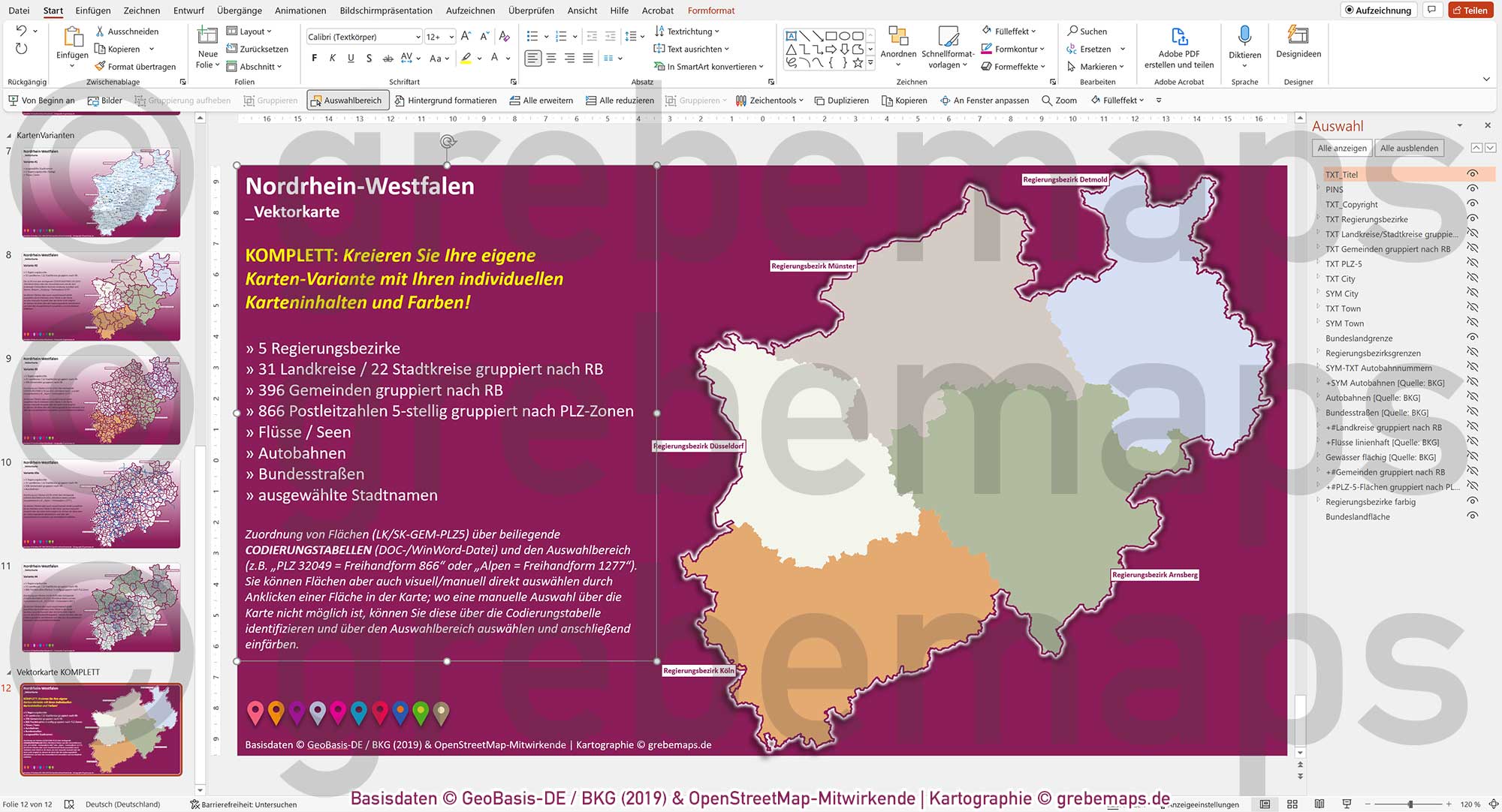 PowerPoint-Karte Nordrhein-Westfalen NRW Postleitzahlen 5-stellig Gemeinden Landkreise Regierungsbezirke Autobahnen einfärbbar bearbeitbar download - mit Deutschlandkarte [Digital] – Bild 15