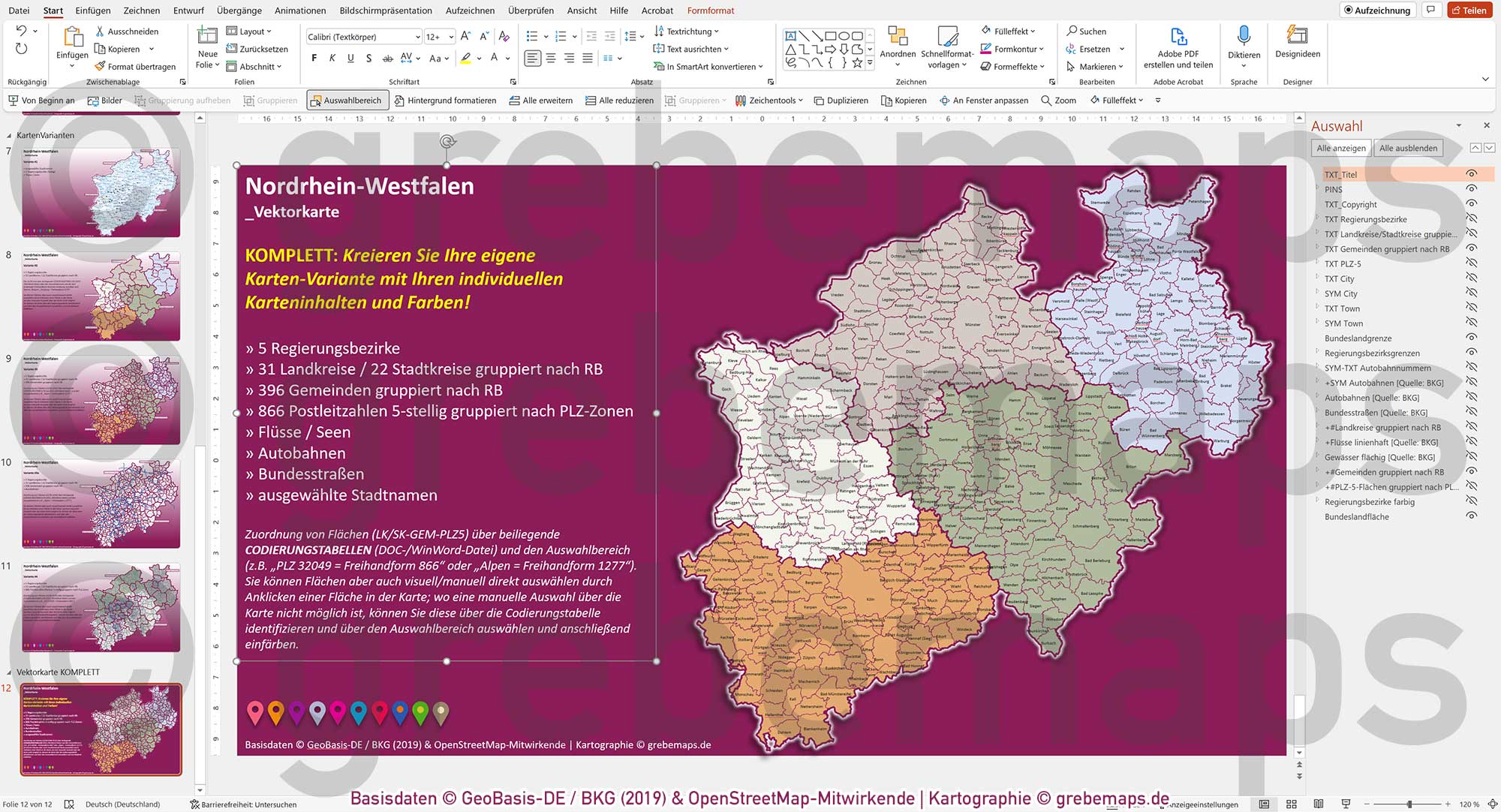 PowerPoint-Karte Nordrhein-Westfalen NRW Postleitzahlen 5-stellig Gemeinden Landkreise Regierungsbezirke Autobahnen einfärbbar bearbeitbar download - mit Deutschlandkarte [Digital] – Bild 17