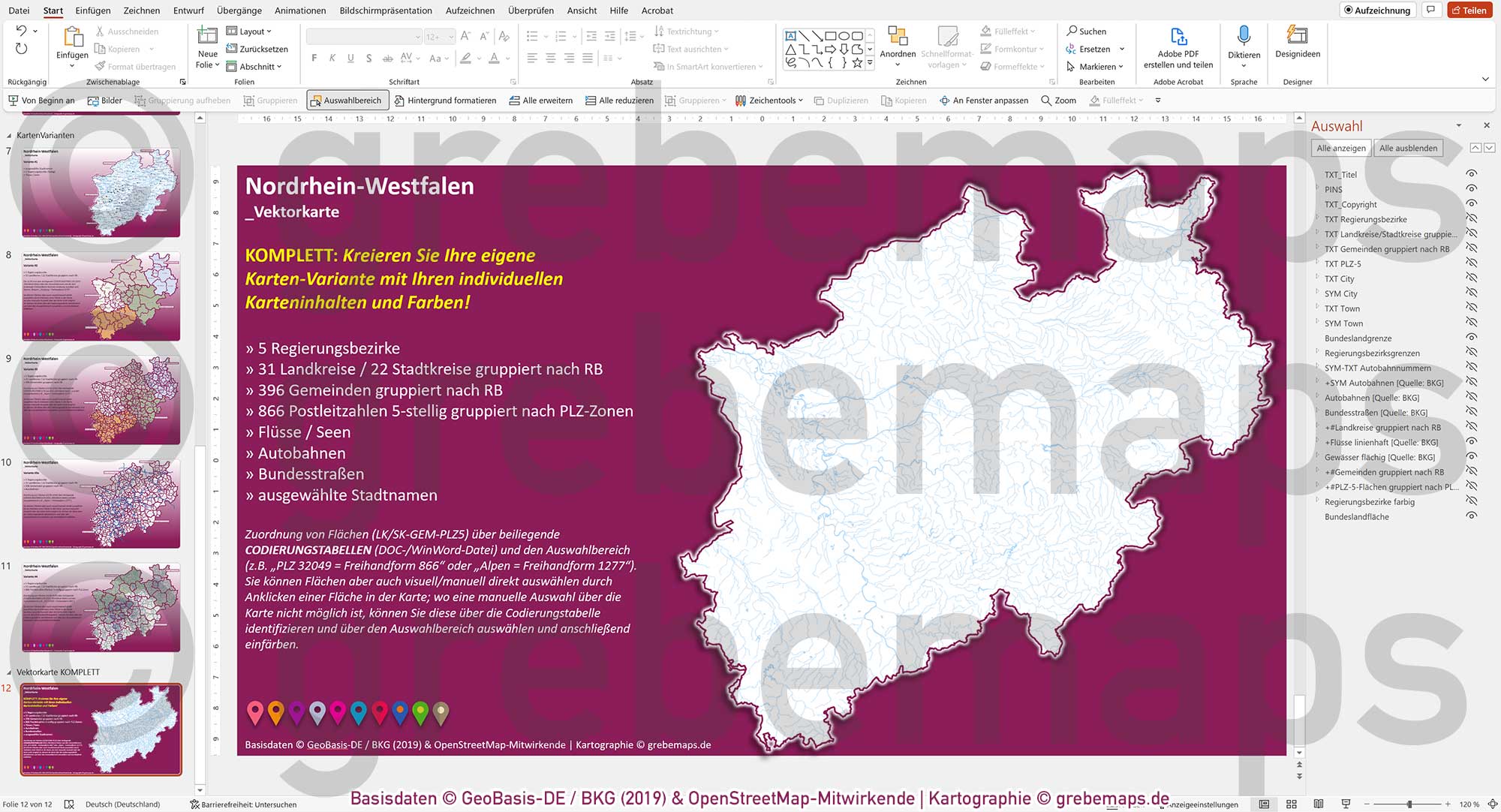 PowerPoint-Karte Nordrhein-Westfalen NRW Postleitzahlen 5-stellig Gemeinden Landkreise Regierungsbezirke Autobahnen einfärbbar bearbeitbar download - mit Deutschlandkarte [Digital] – Bild 19