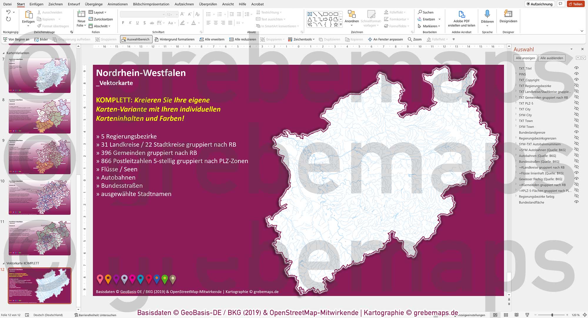 PowerPoint-Karte Nordrhein-Westfalen NRW Postleitzahlen 5-stellig Gemeinden Landkreise Regierungsbezirke Autobahnen einfärbbar bearbeitbar download - mit Deutschlandkarte [Digital] – Bild 20