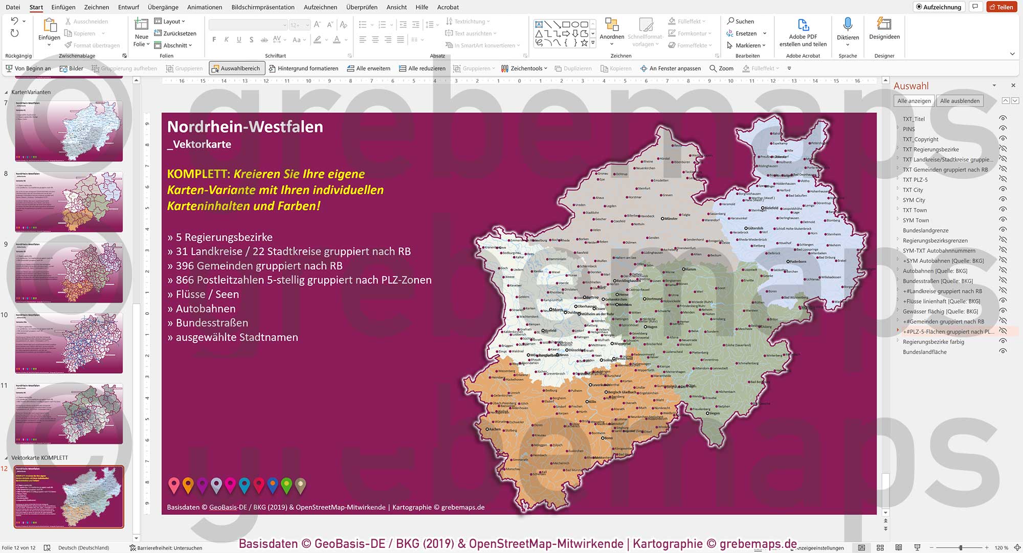 PowerPoint-Karte Nordrhein-Westfalen NRW Postleitzahlen 5-stellig Gemeinden Landkreise Regierungsbezirke Autobahnen einfärbbar bearbeitbar download - mit Deutschlandkarte [Digital] – Bild 22