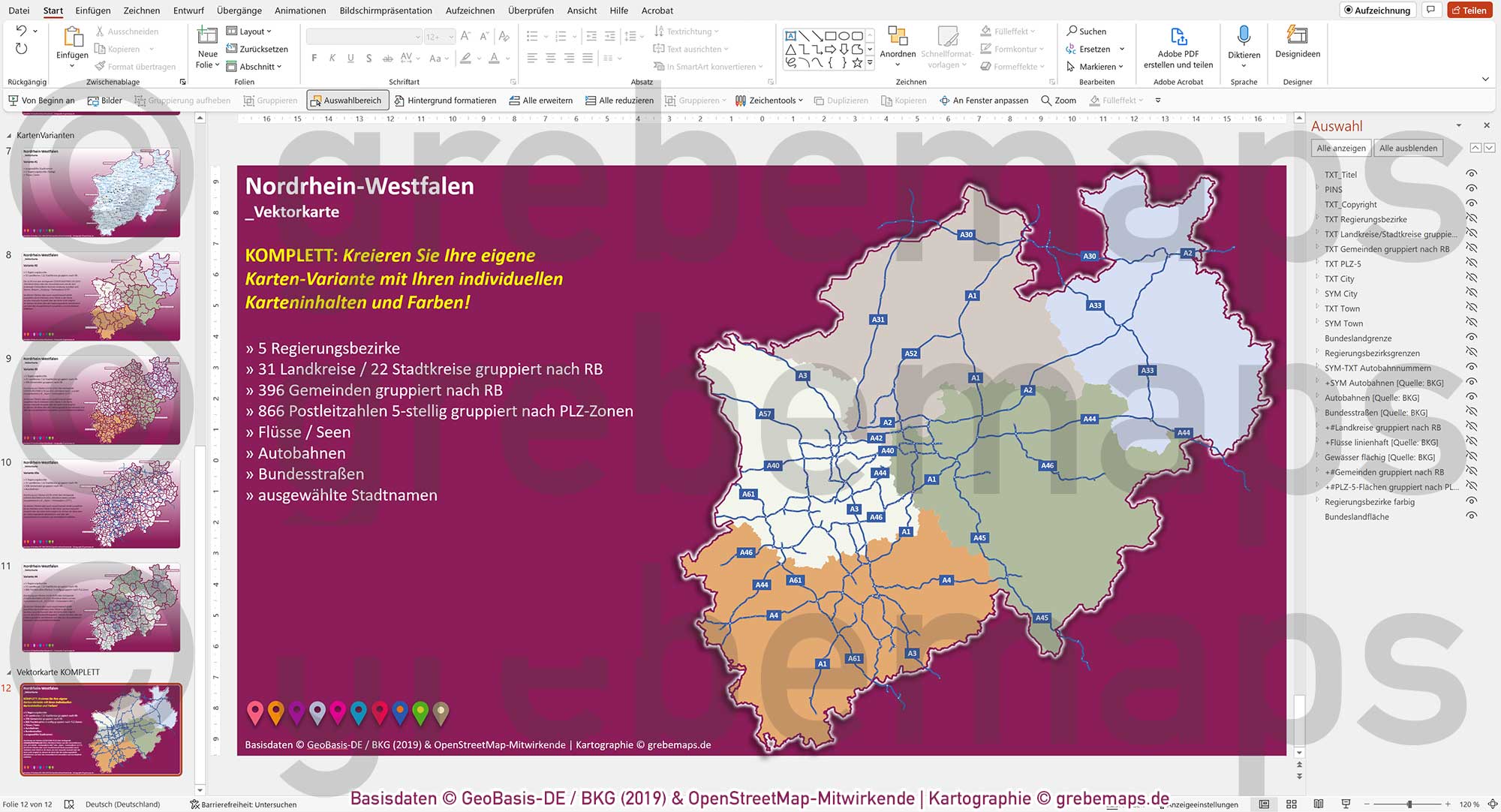 PowerPoint-Karte Nordrhein-Westfalen NRW Postleitzahlen 5-stellig Gemeinden Landkreise Regierungsbezirke Autobahnen einfärbbar bearbeitbar download - mit Deutschlandkarte [Digital] – Bild 24