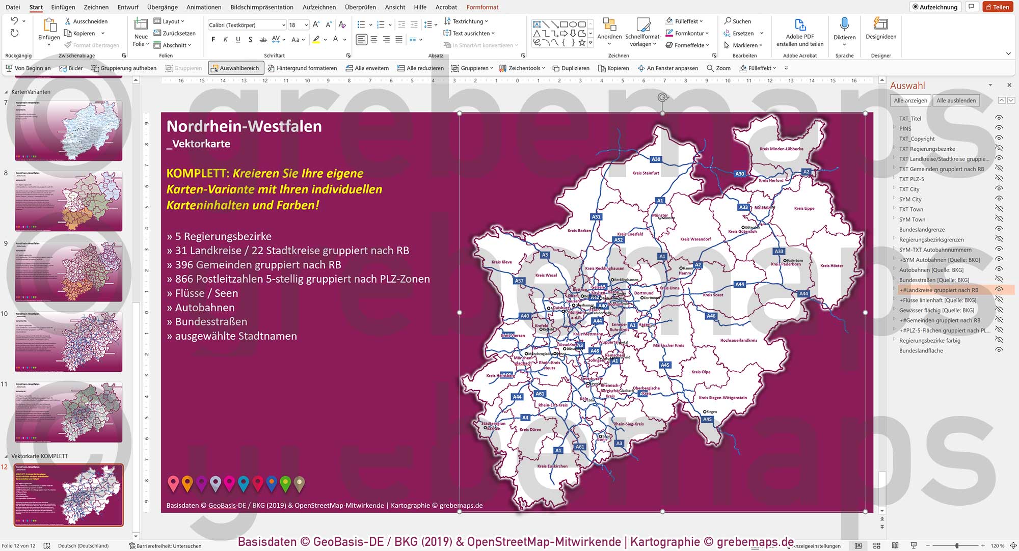 PowerPoint-Karte Nordrhein-Westfalen NRW Postleitzahlen 5-stellig Gemeinden Landkreise Regierungsbezirke Autobahnen einfärbbar bearbeitbar download - mit Deutschlandkarte [Digital] – Bild 26
