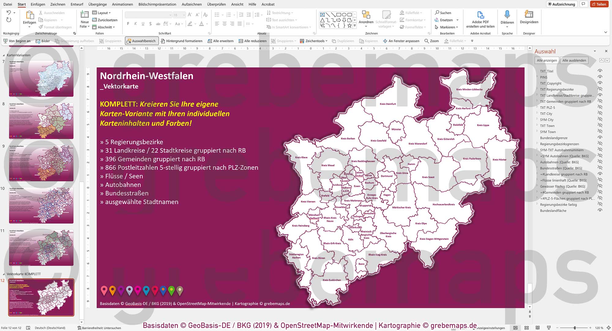 PowerPoint-Karte Nordrhein-Westfalen NRW Postleitzahlen 5-stellig Gemeinden Landkreise Regierungsbezirke Autobahnen einfärbbar bearbeitbar download - mit Deutschlandkarte [Digital] – Bild 27