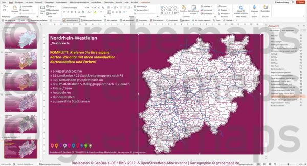 PowerPoint-Karte Nordrhein-Westfalen NRW Postleitzahlen 5-stellig Gemeinden Landkreise Regierungsbezirke Autobahnen einfärbbar bearbeitbar download - mit Deutschlandkarte [Digital] – Bild 29