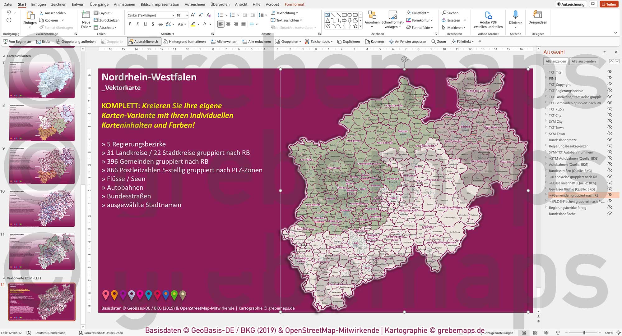 PowerPoint-Karte Nordrhein-Westfalen NRW Postleitzahlen 5-stellig Gemeinden Landkreise Regierungsbezirke Autobahnen einfärbbar bearbeitbar download - mit Deutschlandkarte [Digital] – Bild 31