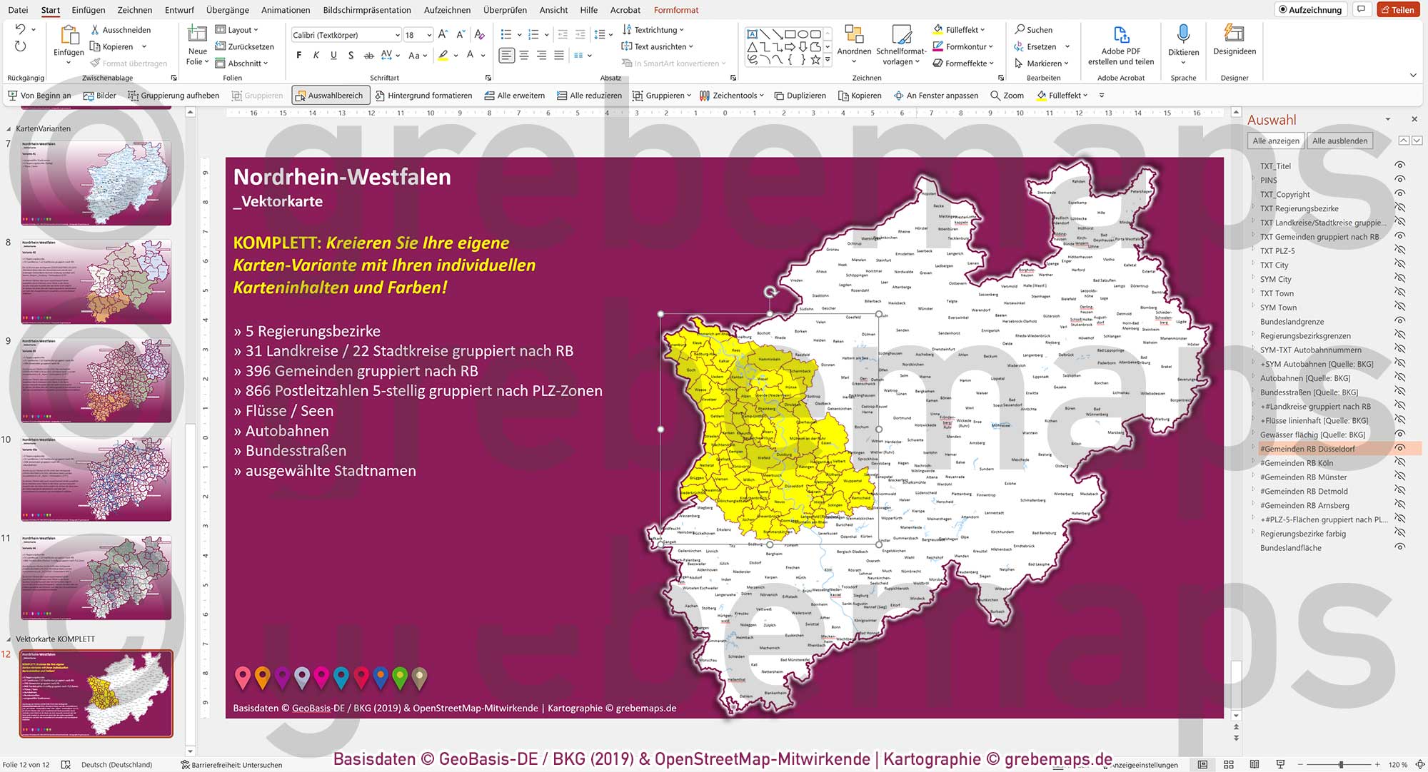 PowerPoint-Karte Nordrhein-Westfalen NRW Postleitzahlen 5-stellig Gemeinden Landkreise Regierungsbezirke Autobahnen einfärbbar bearbeitbar download - mit Deutschlandkarte [Digital] – Bild 33