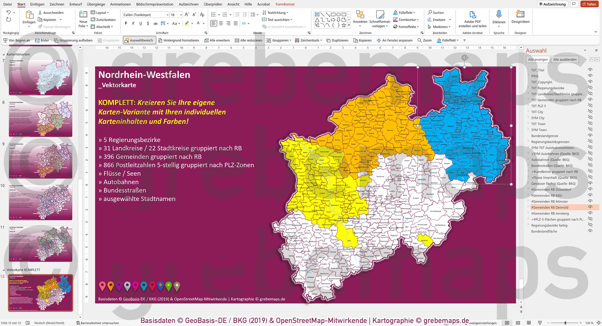 PowerPoint-Karte Nordrhein-Westfalen NRW Postleitzahlen 5-stellig Gemeinden Landkreise Regierungsbezirke Autobahnen einfärbbar bearbeitbar download - mit Deutschlandkarte [Digital] – Bild 34