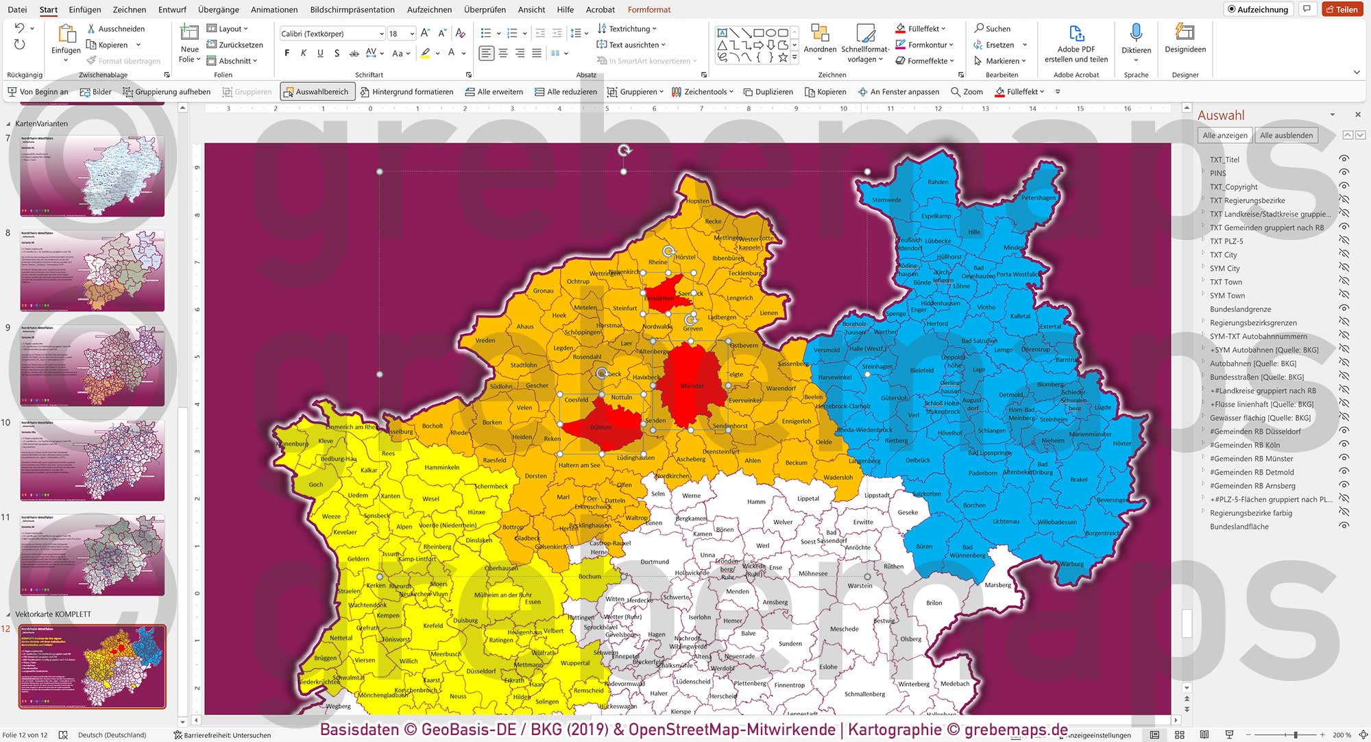 PowerPoint-Karte Nordrhein-Westfalen NRW Postleitzahlen 5-stellig Gemeinden Landkreise Regierungsbezirke Autobahnen einfärbbar bearbeitbar download - mit Deutschlandkarte [Digital] – Bild 35